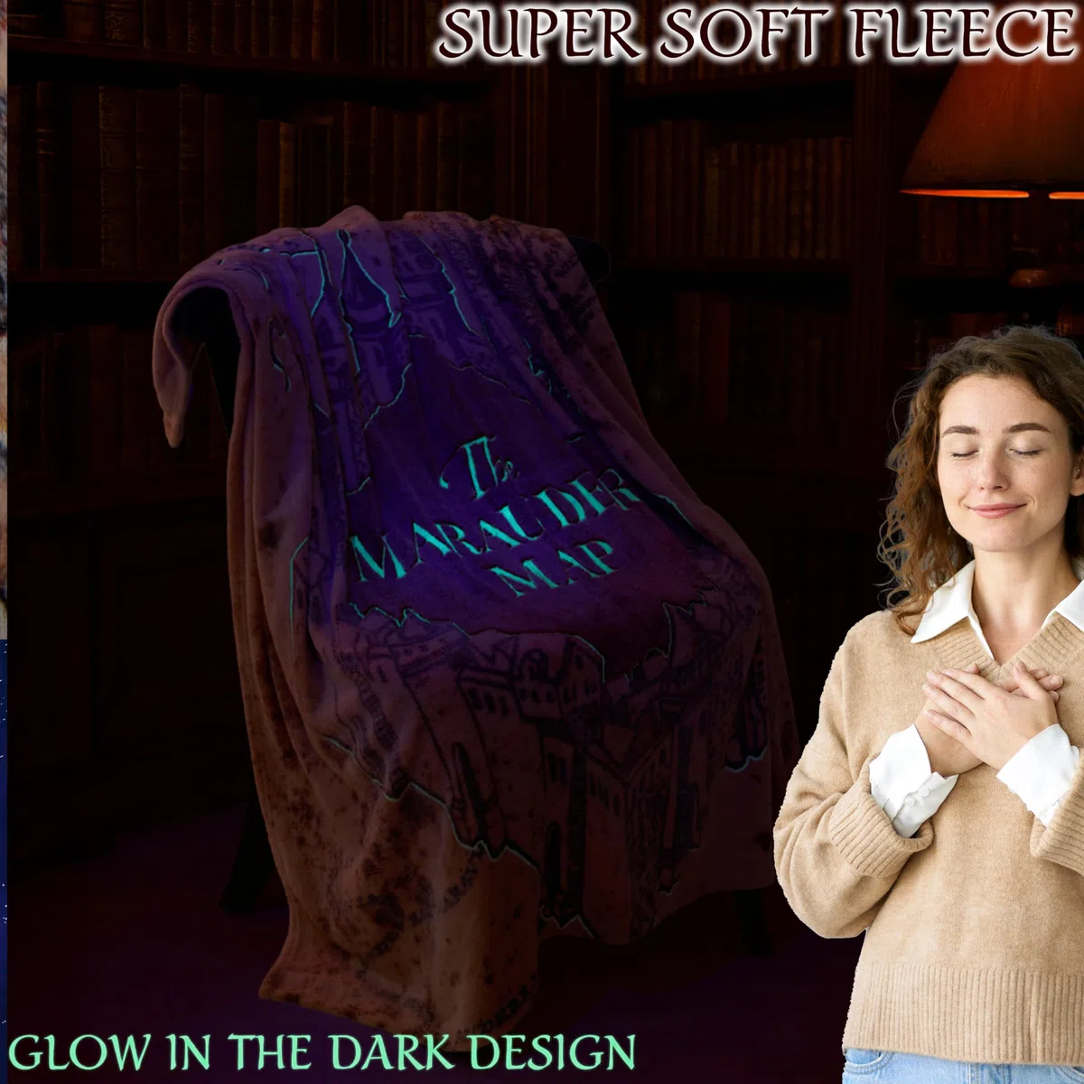 Harry Potter Manta Que Brilla en la Oscuridad 130x150cm con Mapa del Merodeador, Se Ilumina Tras 10–30 Minutos de Luz, Manta para Cama y Sofá, Hogwarts Regalos Originales