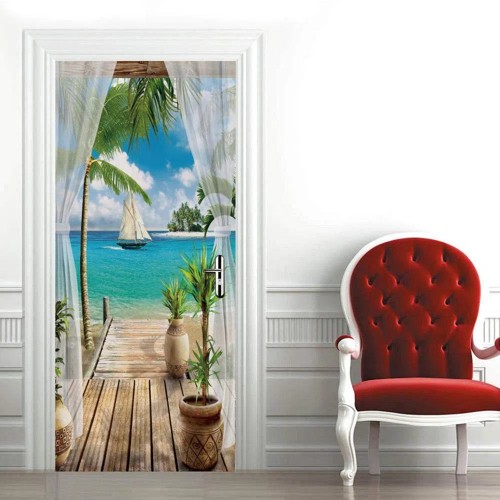 3d Pegatina Puerta Mural Autoadhesivo Con Vista Al Mar DecoracióN Del Hogar Pegatinas De Pared Dormitorio Sala De Estar PóSter ExtraíBle Pegatinas ArtíSticas-Los 77x200cm