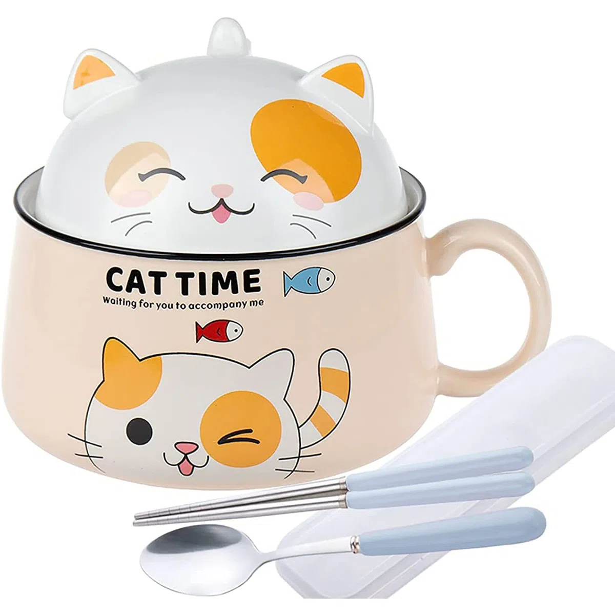 Ramen - Cuenco con tapa, diseño de gato dulce y asa, cuenco de cerámica de 1020 ml