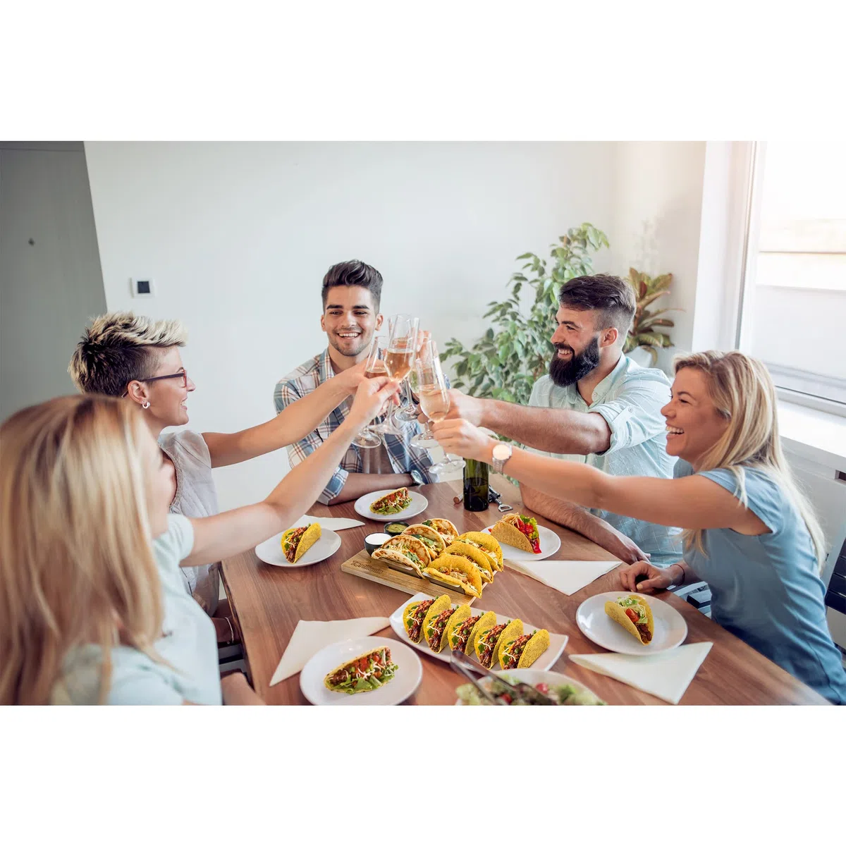 Tortillada - Juego de soporte para tacos/Hotdog hecho de acero inoxidable para hasta 6 tacos - incl. bandeja de servicio hecha de madera, tazones de inmersión de cerámica y libro de recetas