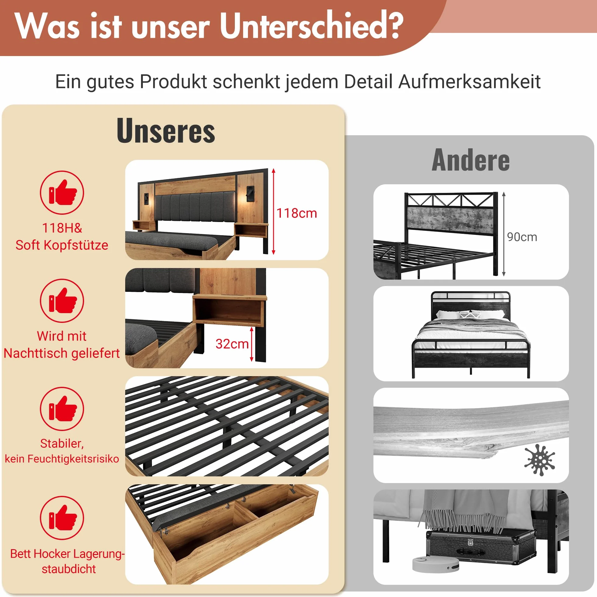 Kebnor Cama doble tapizada, cama con lámpara de lectura y mesita de noche USB C y banco con almacenamiento, estructura de cama con somier de metal, madera y lino, roble (sin colchón) (180 x 200 cm)
