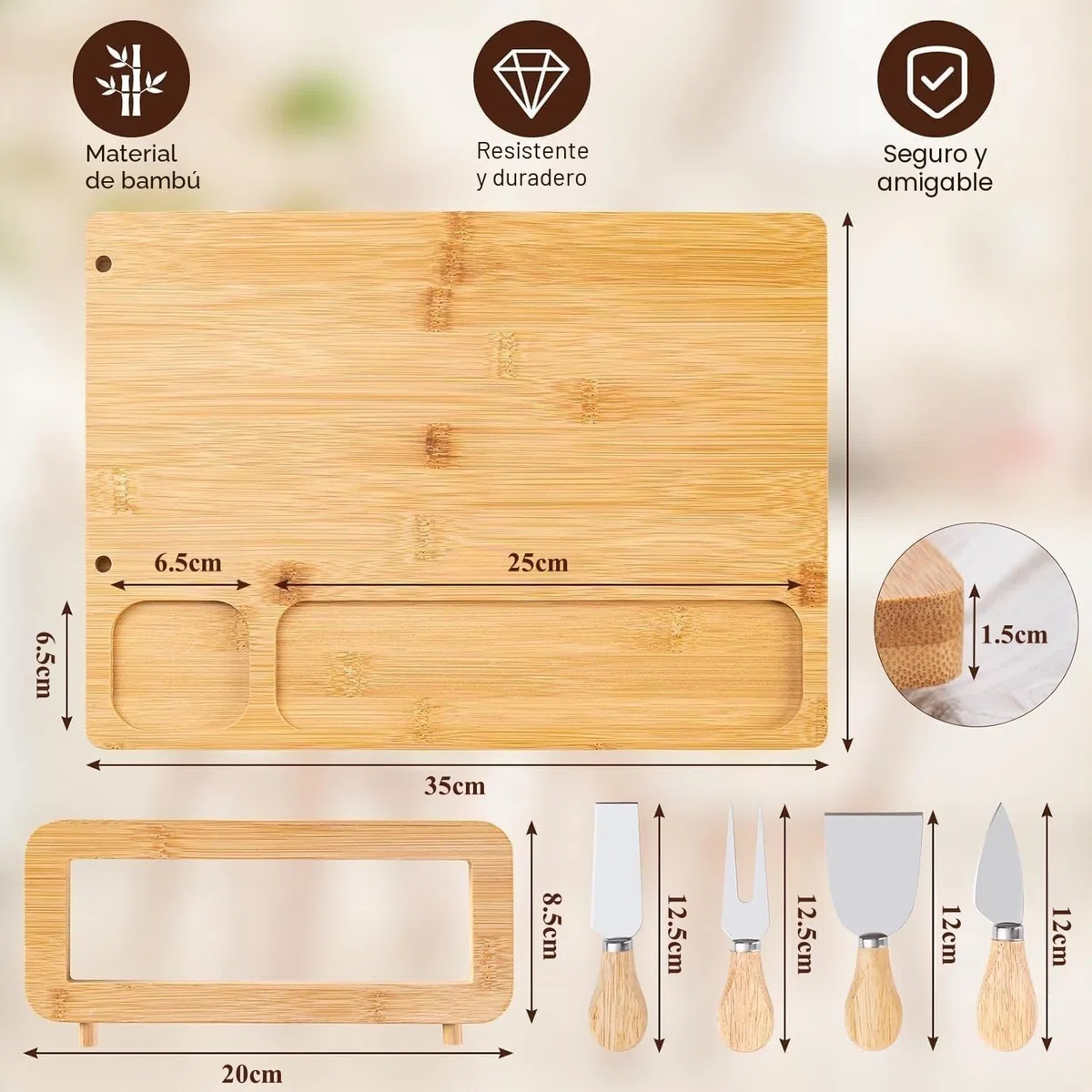 LATERN Juego de Tablas de Queso de Bambú, 35CM x 27CM Bandeja de Madera para Embutidos Tabla de Quesos con 4 Cuchillos para Queso, Set de Regalo Ideal para Navidad Bodas Acción de Gracias Fiesta