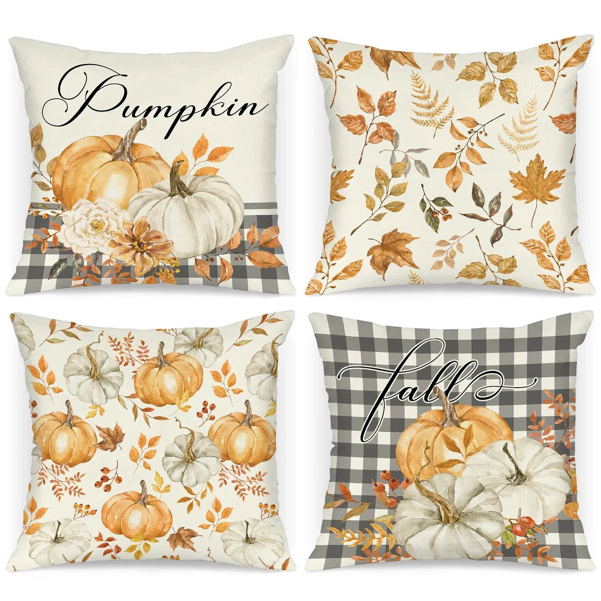 Benjia Juego de 4 Fundas de cojín de otoño de 40x40 cm, Hojas caídas Calabaza Fundas de Almohada de otoño Cubiertas de Almohadas 40 x 40 cm para Acción de Gracias Halloween Interior Home Sofá-Gris