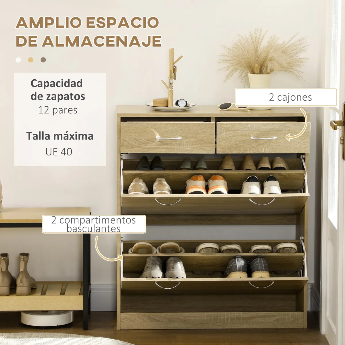 HOMCOM Armario de Zapatos Zapatero de Madera para 12 Pares de Zapatos con 2 Puertas Abatibles y 2 Cajones para Salón Pasillo 80x30x91,5 cm Roble