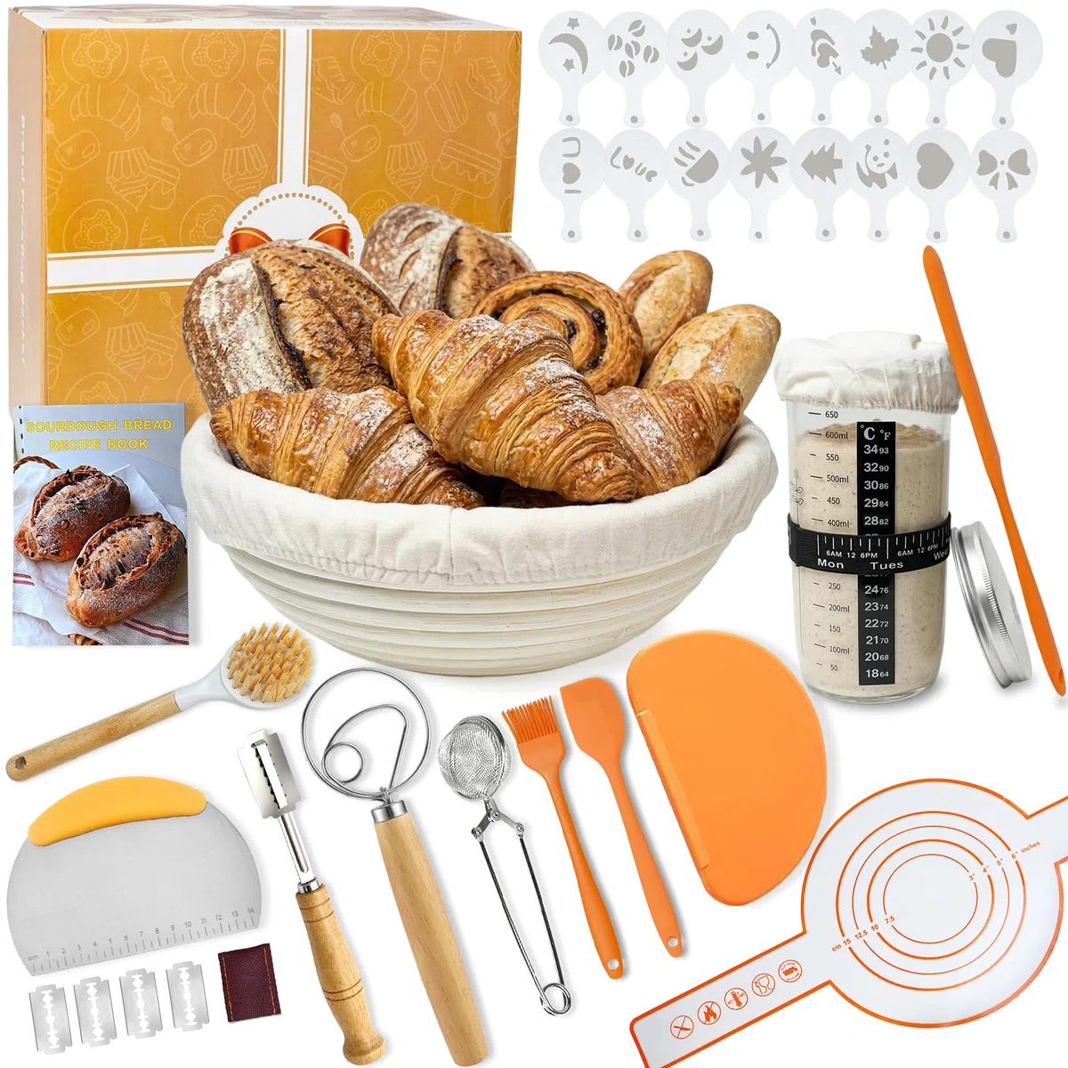 Banetones Para Pan Traje De PanaderíA, 13PCS Traje De Pan Fermentado De Agrio, Juego de cestas de prueba de pan, juego de iniciación de masa madre, tarro de fermentación, accesorios para hornear pan