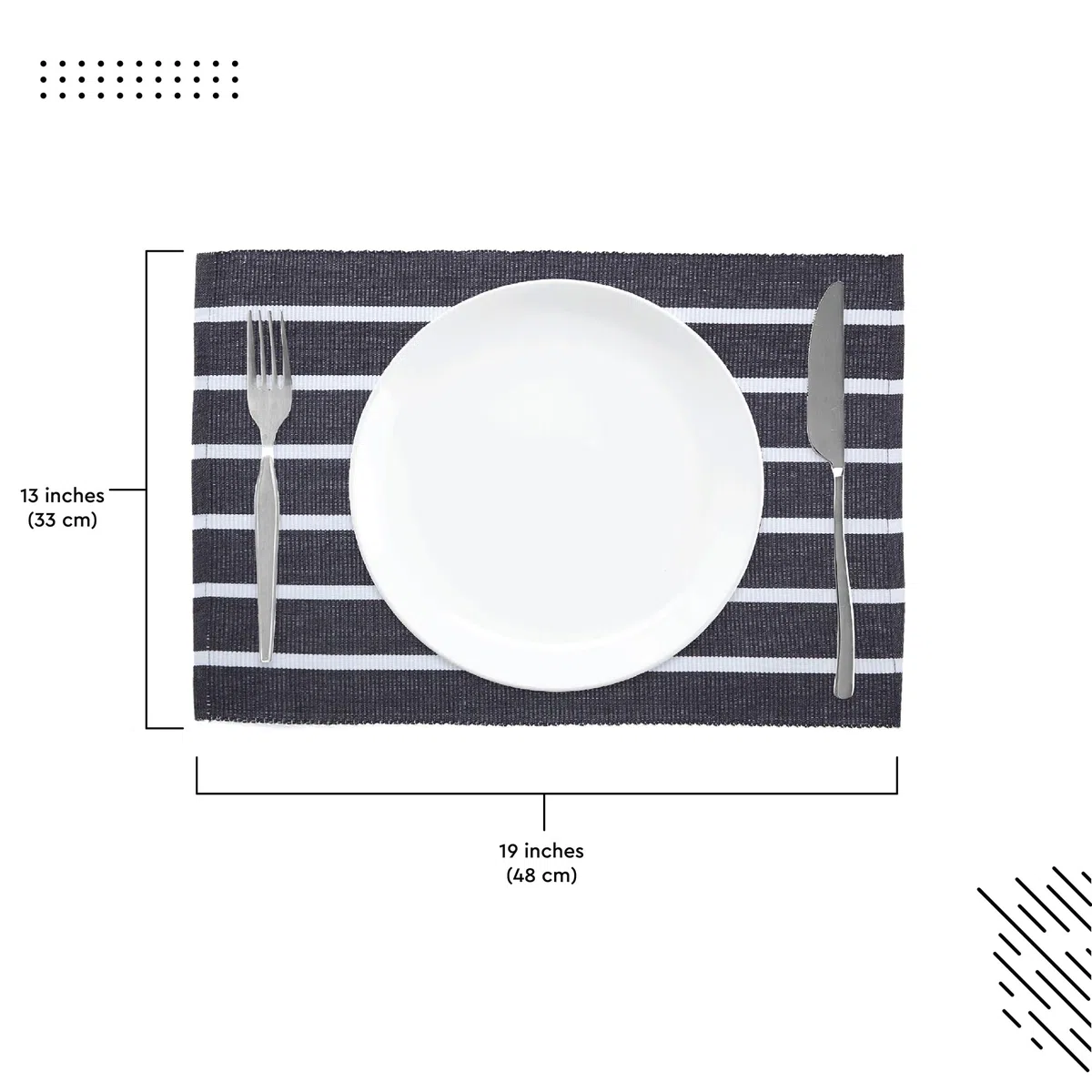 Encasa XO Juego de Manteles Individuales para Mesa de Comedor Set de 6 | Color Roma Gris Rayas | Mantel de Algodón Acanalado Fino | Tamaño 48x32 cm | Lavable a Máquina
