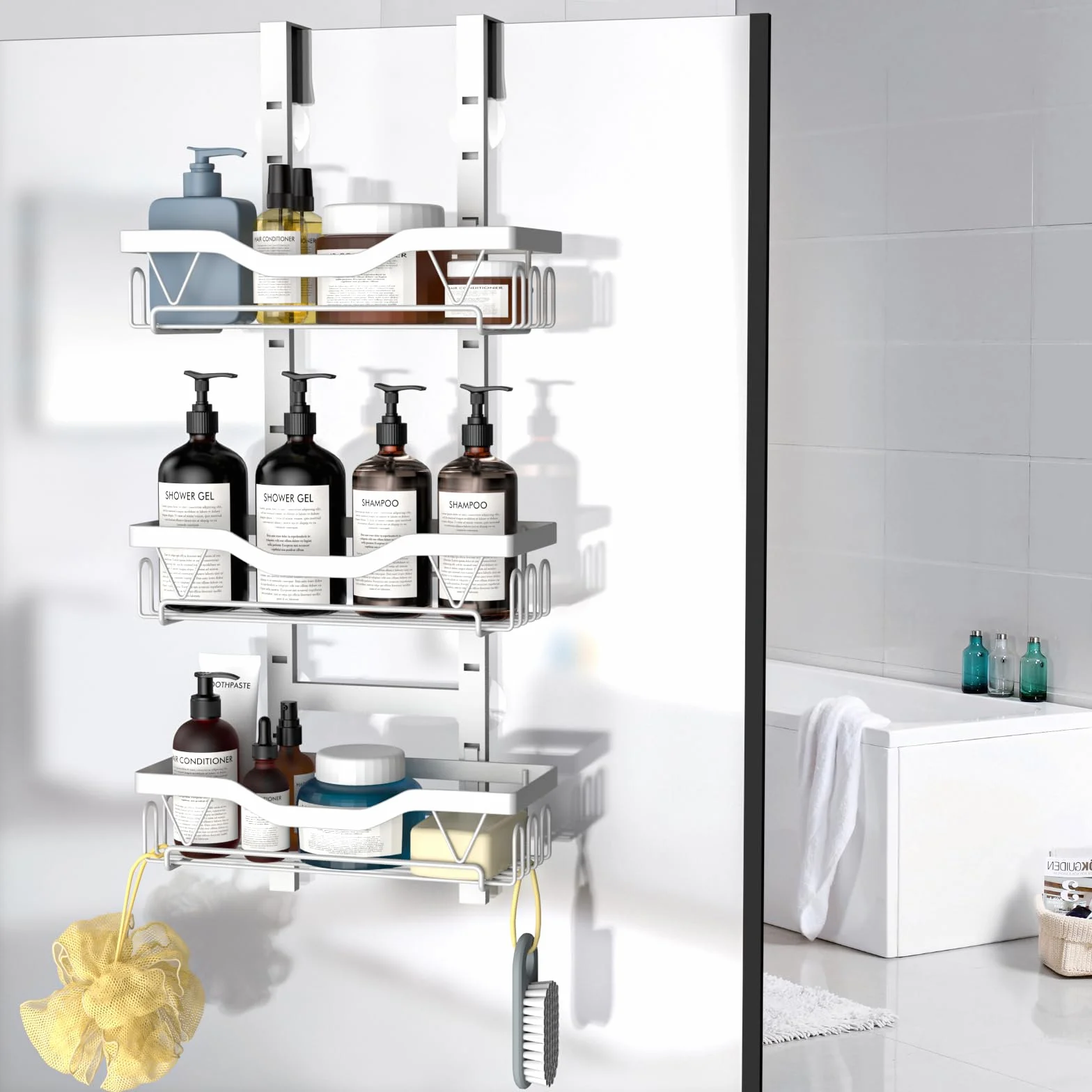 Estanteria Baño para Colgar, 3 Niveles Estante Ducha Ajustable, Estanteria Baño sin Taladro para Colgar en Puertas de Ducha de Vidrio (Blanco)