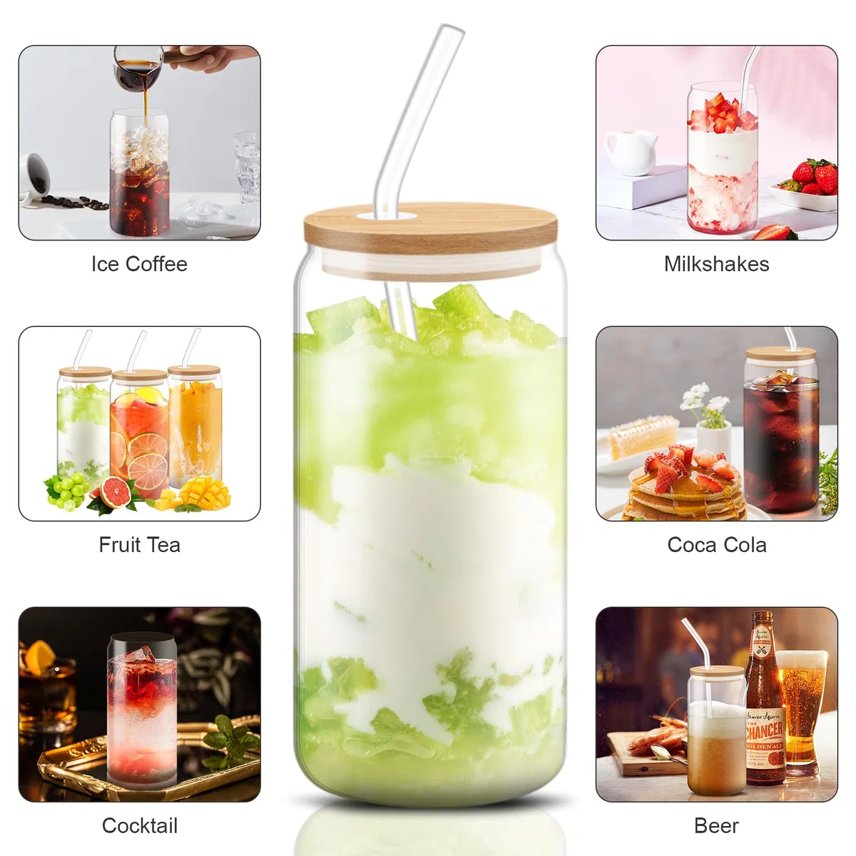 Vaso de Cerveza con Tapa y Pajita,Vaso de Vidrio en Forma de Lata,6 Unidades Bubble Tea Taza,550ml,Vaso de Vidrio Reutilizable,Vasos de Soda Para Batidos,Jugo,Boba,Té,Coca