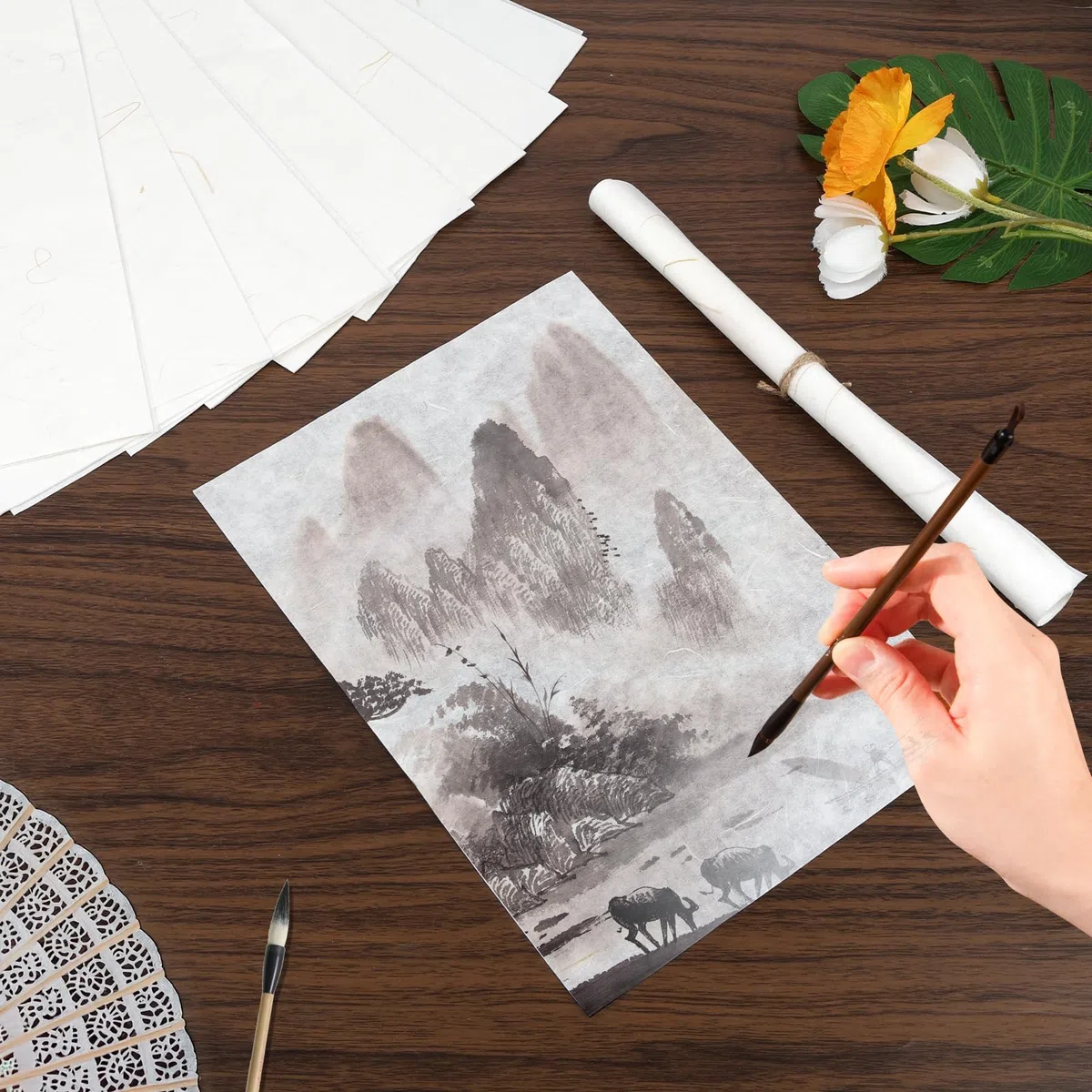 Papel de arroz A4, 50 hojas de fibras vegetales naturales de morera, papel washi imprimible texturizado para manualidades, escritura, pintura, papel de regalo, fabricación de tarjetas (marfil-paja)