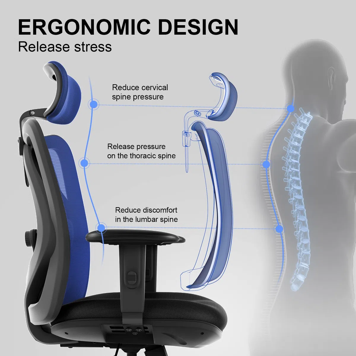 SIHOO Silla de Oficina ergonómica, Silla giratoria de Malla Transpirable, con Ruedas silenciosas Antideslizantes, Soporte Lumbar Ajustable, reposacabezas y apoyabrazos, Carga máxima 150 kg