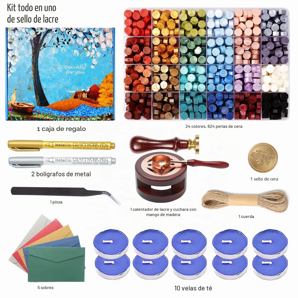 Kit de Sello de Lacre, 630 Perlas de Cera de Sellado, Caja de Regalo, 24 Colores, Calentador de Cera, Cucharas para Derretir, Velas de Té, Sobres