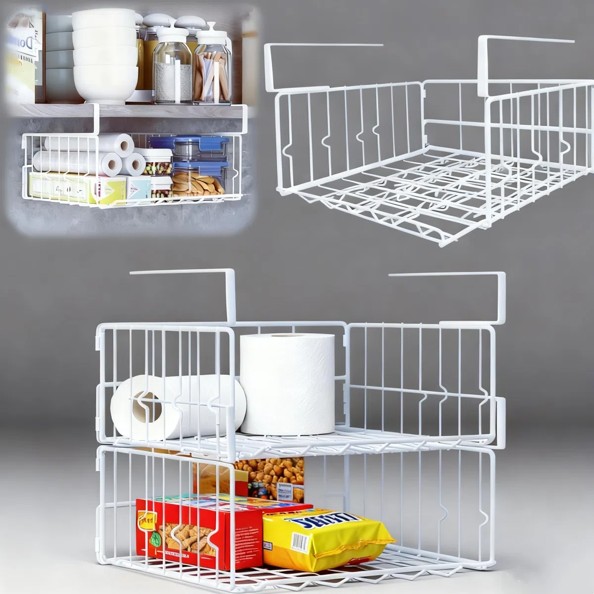 Qivine Juego de 3 Cesta Colgante de Metal, Cesta para Colgar Debajo del Armario, Cestas de Almacenamiento Colgantes de Metal, para Oficina, Despensa, Baño