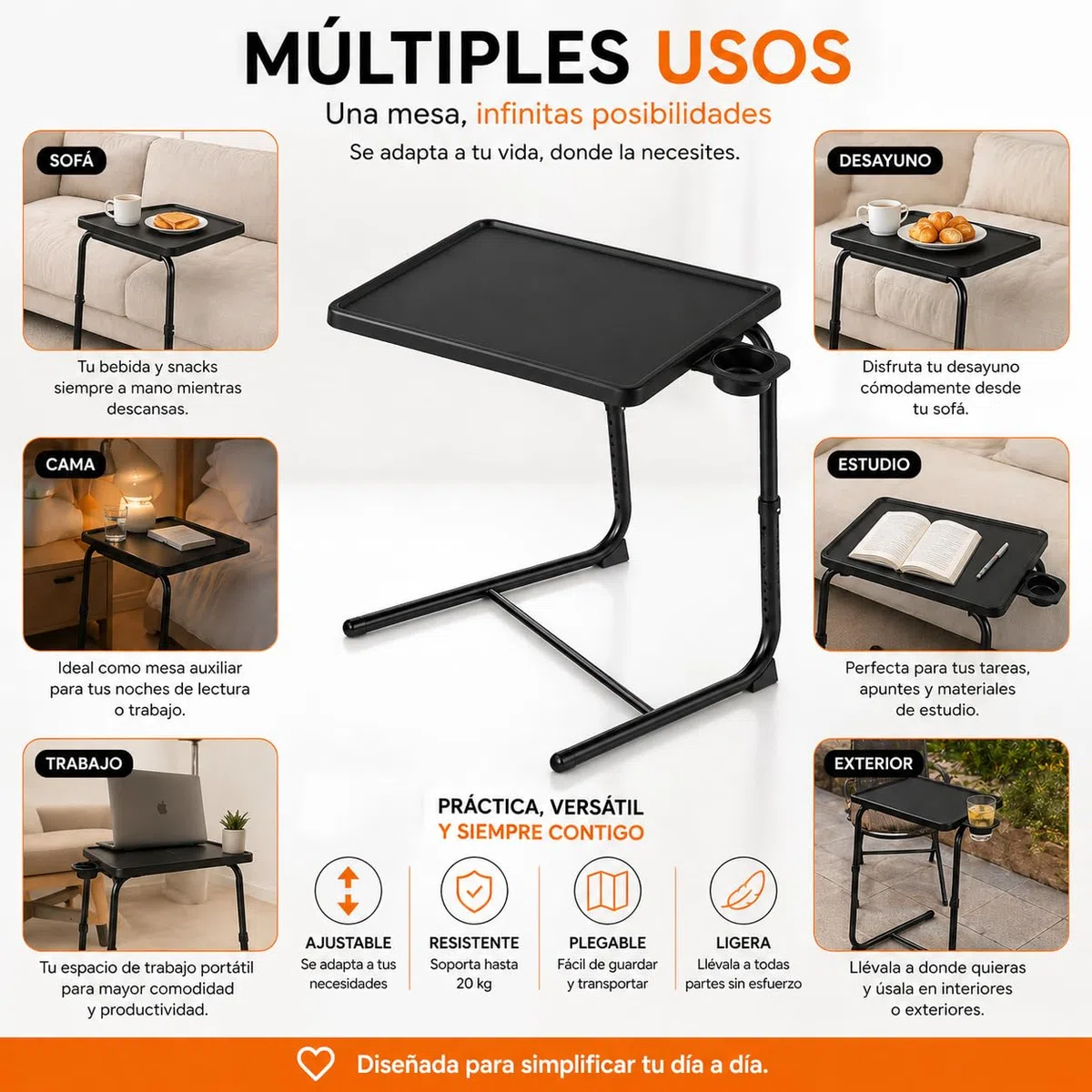 T-LOVENDO.ES Mesa Plegable Auxiliar pequeña portátil con Altura Ajustable Comedor. Ideal Escritorio Ordenador Sofa Cama o Cocina. con Posavasos. 3 ángulos, 6 Alturas.