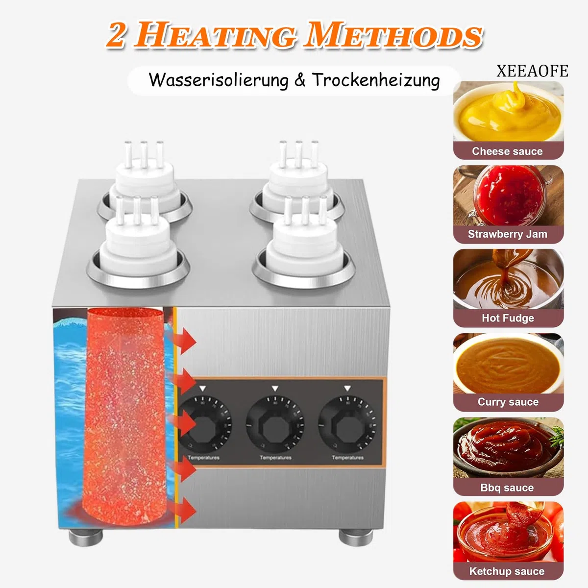 Dispensador de calentador de salsa de encimera, calentador comercial de acero inoxidable para dulce caliente, queso nacho y ketchup con 4 botellas