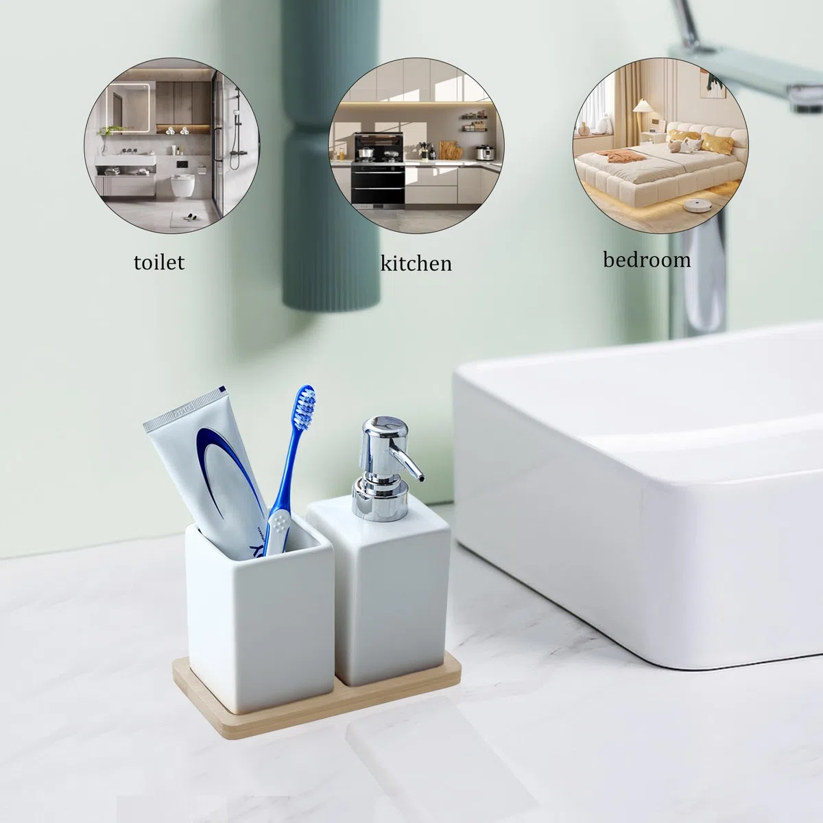 Juego de accesorios de baño blancos, juego de baño de cerámica de 3 piezas, accesorios de baño de lujo, incluye dispensador de jabón líquido de 320 ml, vaso de baño, bandeja de madera, kit de