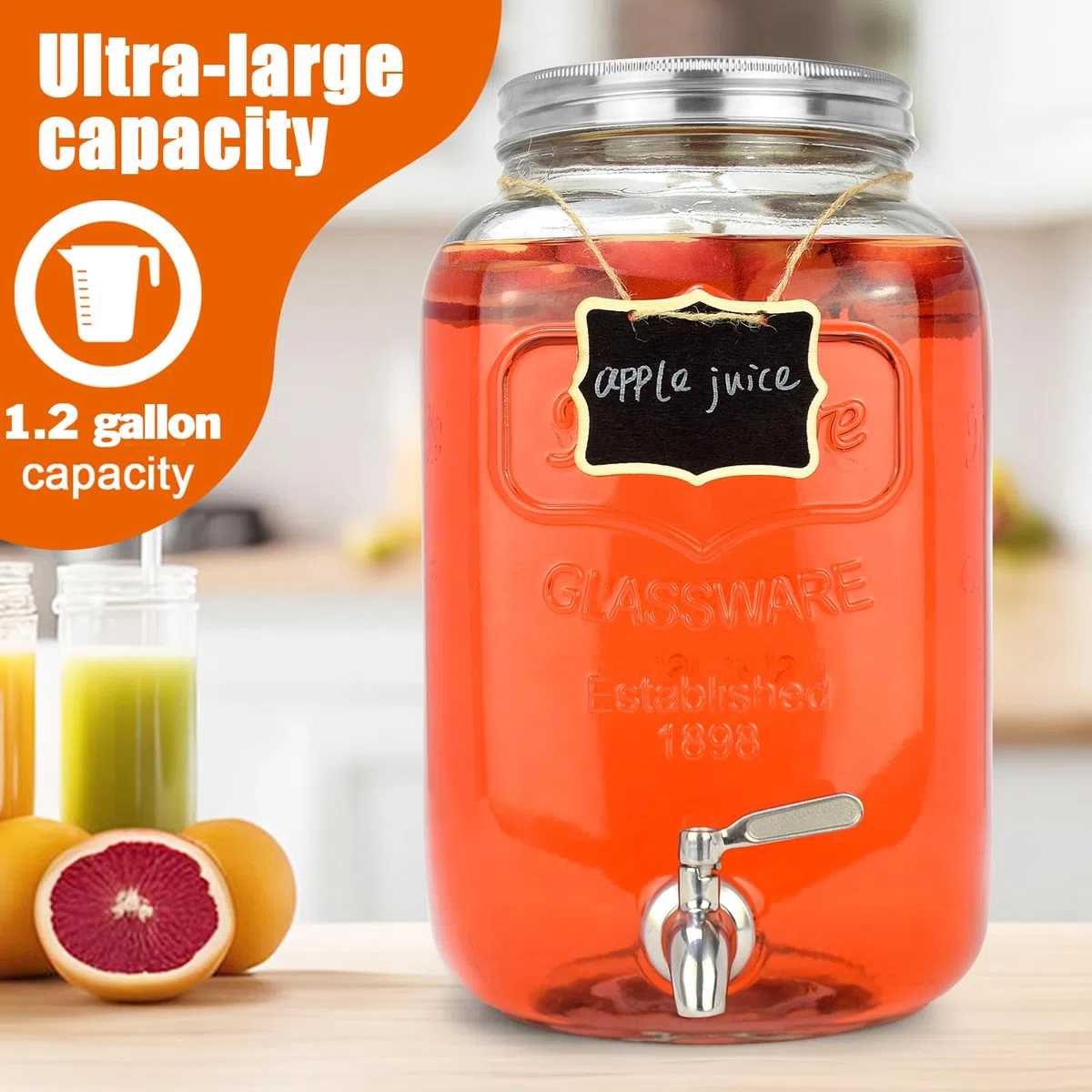 DD&HAPP Dispensadores de bebidas de vidrio para fiestas. Dispensador de bebidas de 1.2 galones con soporte y espiga de acero inoxidable. Dispensador de limonada con cilindro de hielo. Tarros de masón,