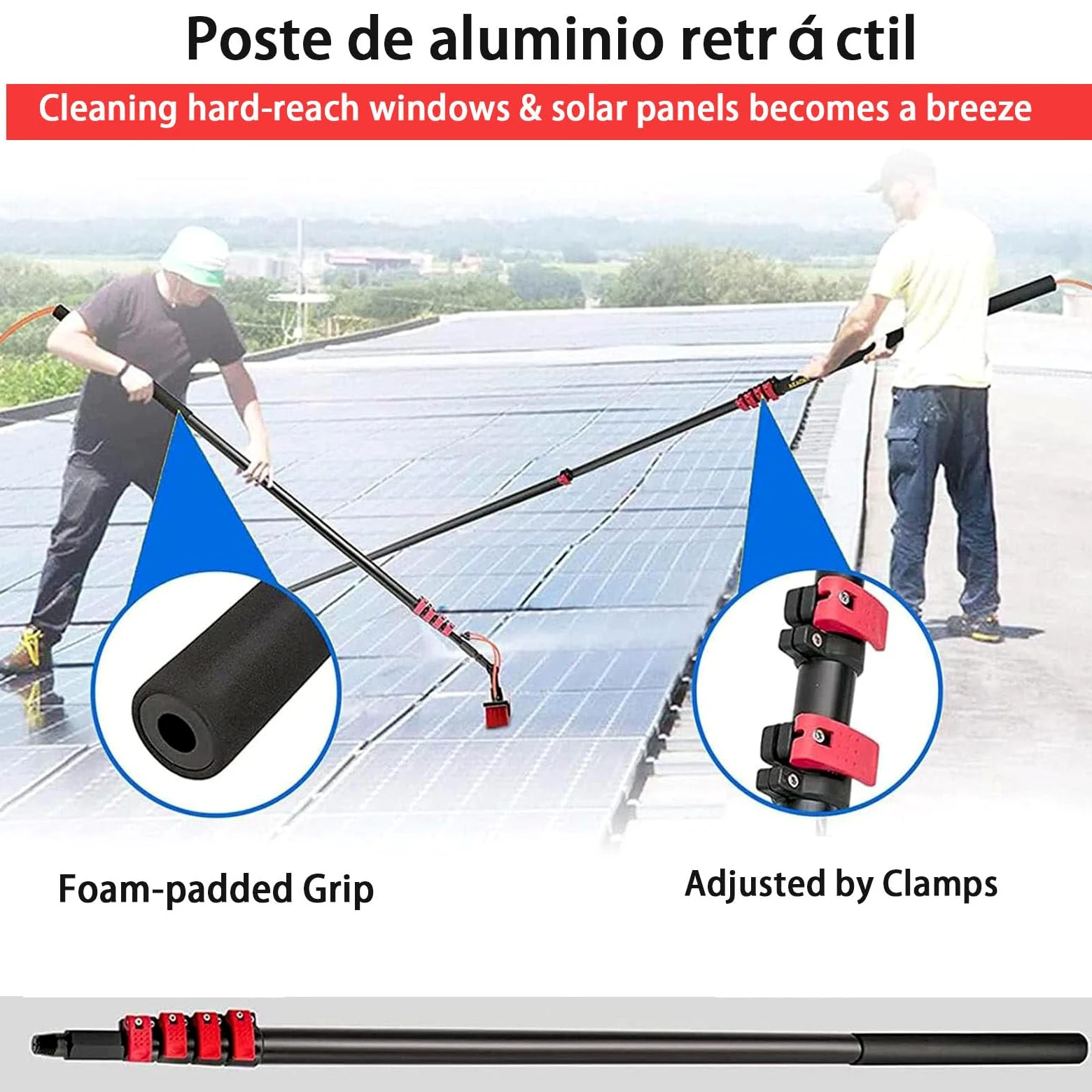 Kit De Poste Alimentado por Agua De 30 Pies, Cepillo De Limpieza De Paneles Solares con Cabezal Ajustable, Equipo De Lavado De Ventanas con Mango Largo De Extensión(35cmbrushhead,3.6m)