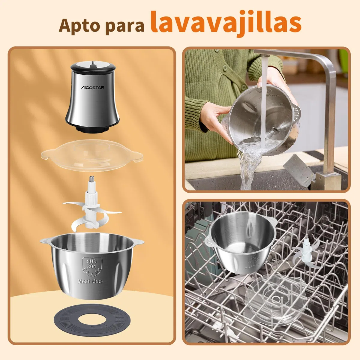 Aigostar Flor - Picadora Eléctrica 500W, Procesador de Alimentos con Tazón de Acero Inoxidable 1.8L, 4 Cuchillas Afiladas y 2 Velocidades, Ideal para Carne, Verduras, Frutas y Cebolla