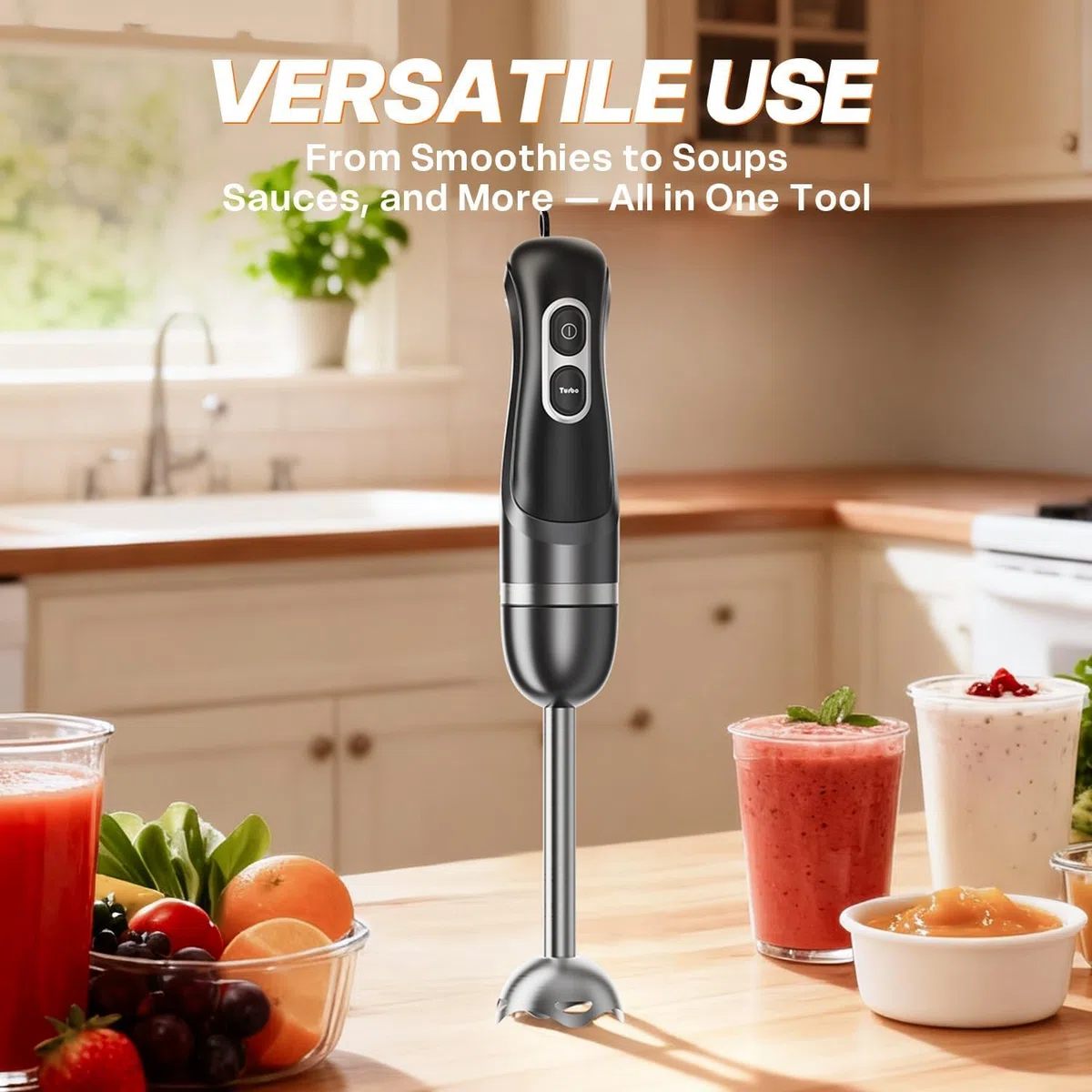 BESROY Batidora de Mano 1100W, Batidora de Inmersión Eléctrica con 2 Velocidades + Turbo, Acero Inoxidable, Apta para Lavavajillas, Batidora de Brazo para Papillas, Smoothies & Gazpacho, Negro