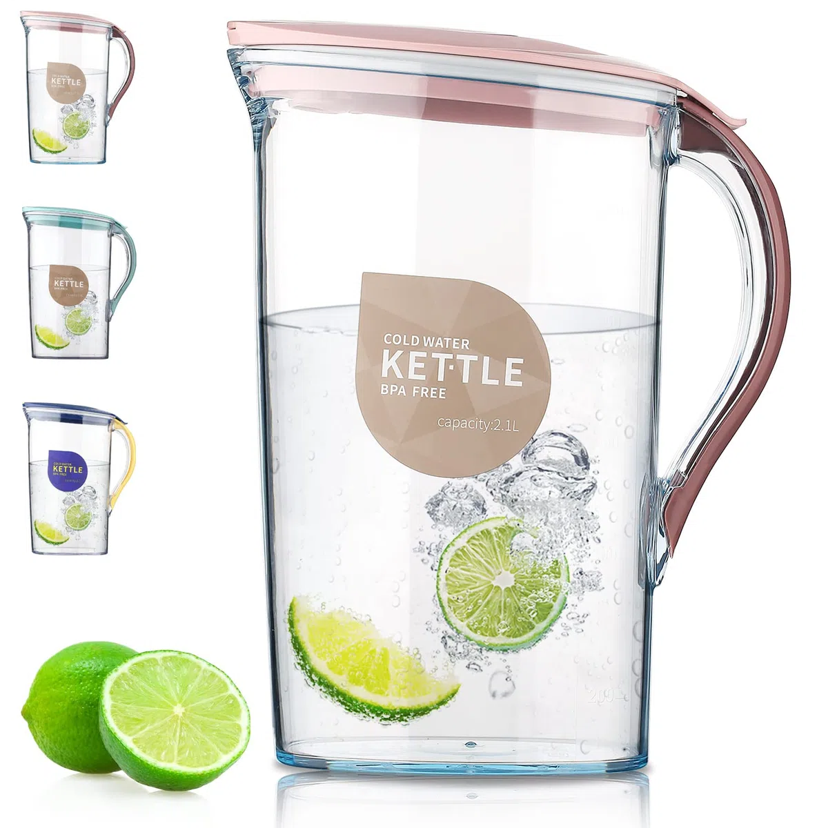 Berglander Jarra de agua de la puerta del refrigerador con tapa 2.1L perfecta para hacer té, jugo y bebida fría, jarra de fibra de vidrio clara libre de BPA