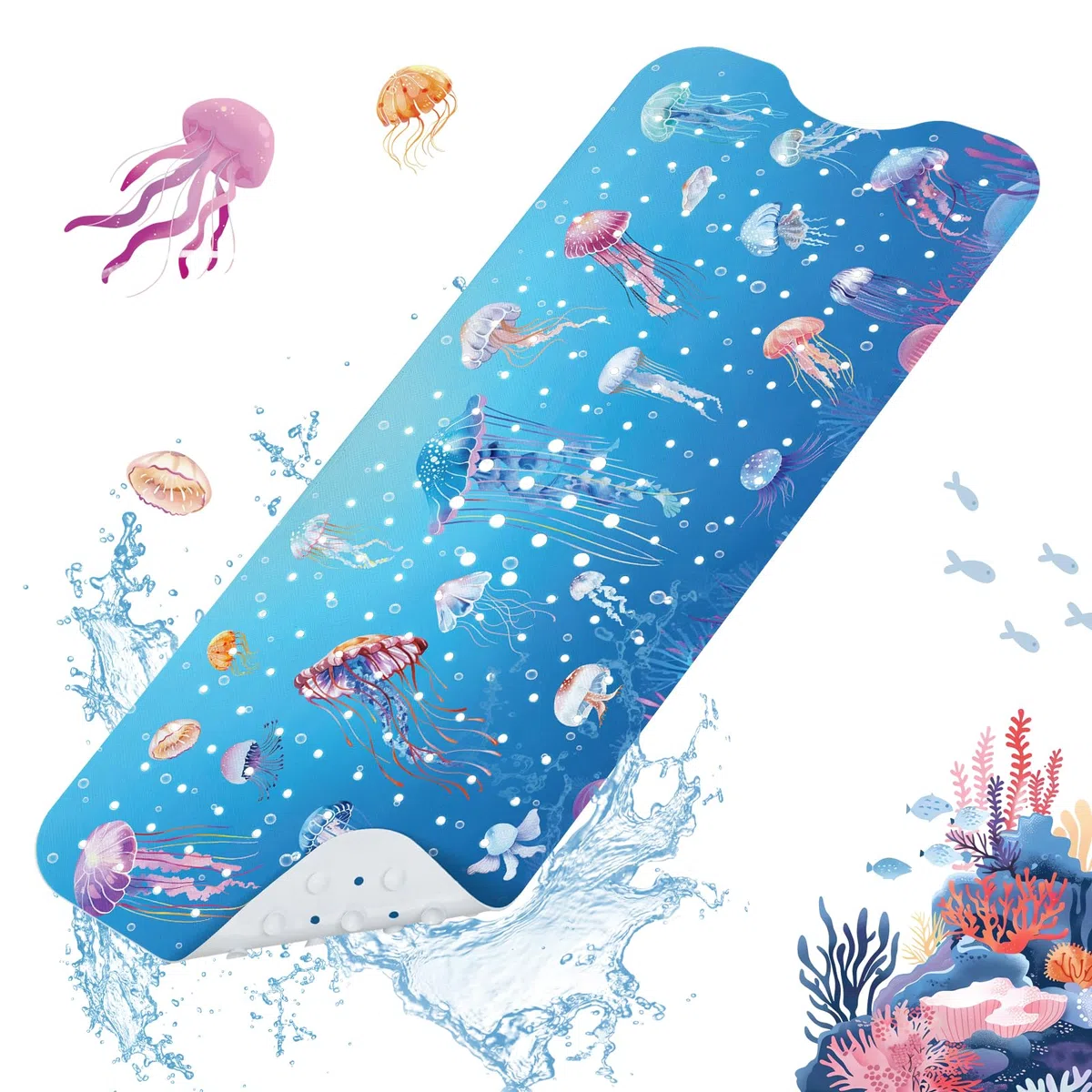 Alfombra Bañera Antideslizante Infantil -100 X 40 cm, Alfombrilla de Baño Antideslizante para Niños, Alfombra Ducha Antideslizante, Resistente al Moho, sin BPA, Lavable a Máquina, Medusa