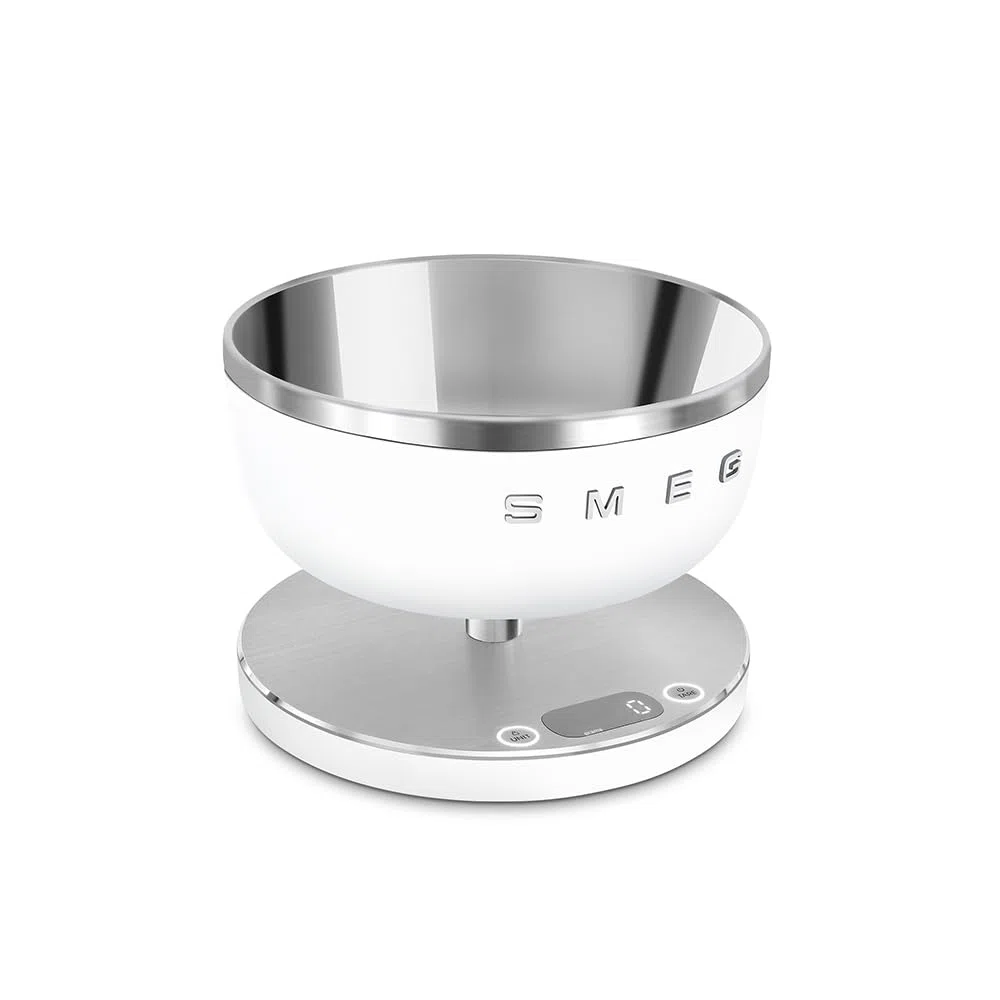 Smeg. Báscula de cocina digital blanca mate, medición precisa, acero inoxidable, uso doméstico. Capacidad de hasta 5 kilogramos