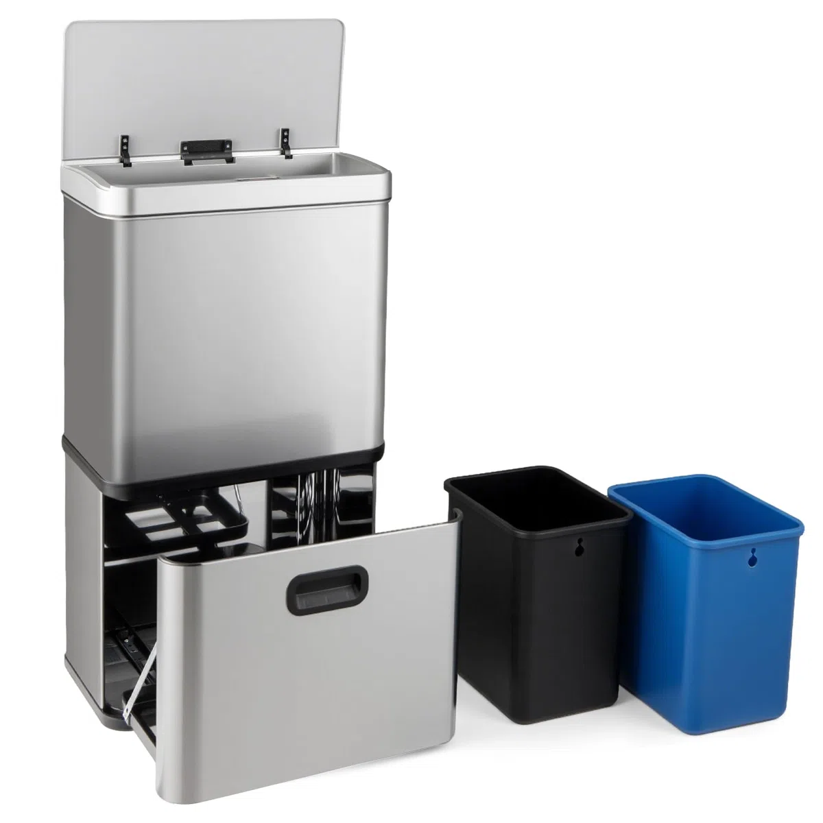 GIANTEX Cubo de Basura de Cocina 56 L con 3 Compartimentos, Papelera de Acero Inoxible con Sensor de Movimiento, Control Táctil, 2 Cubos Extraíbles y Tapa Abatible, Basurero de Reciclaje (Plata)