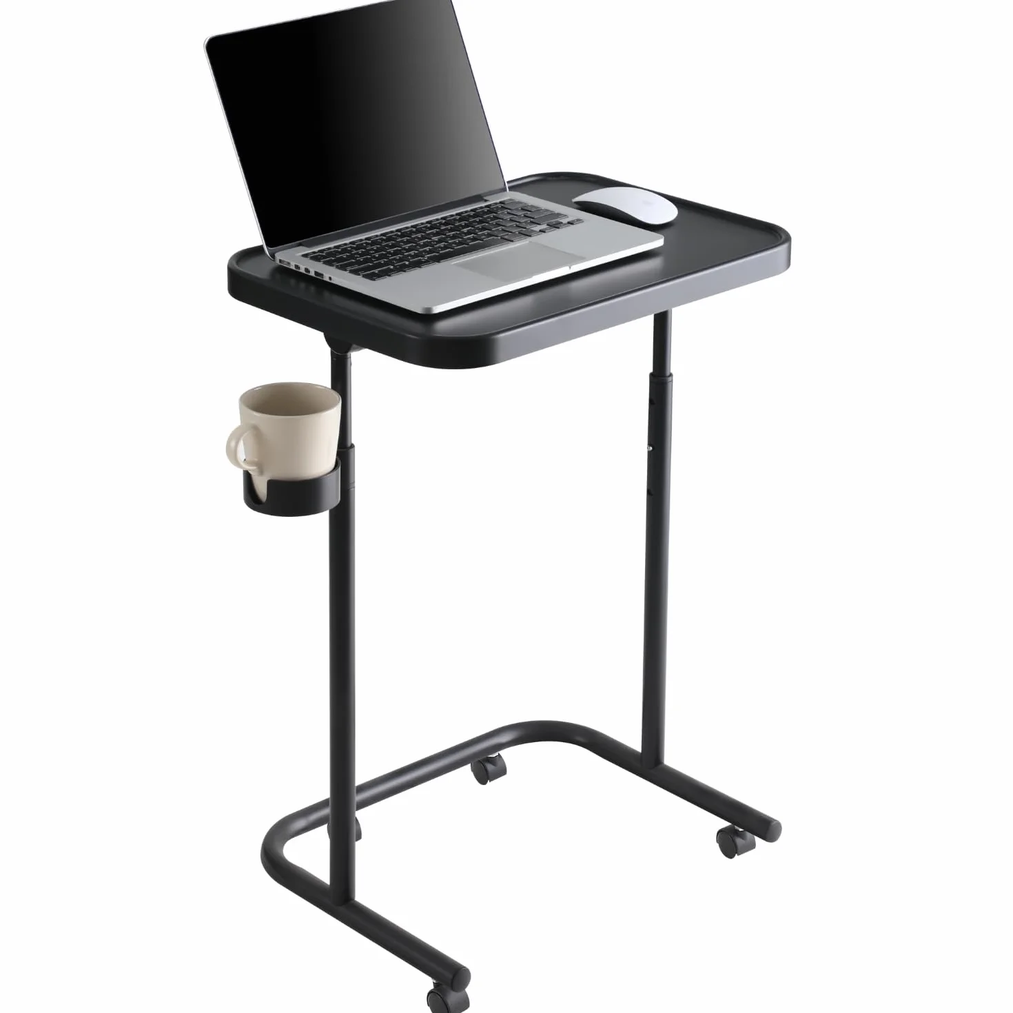 Keepo Bandeja de TV de metal con ruedas/ruedas, mesa auxiliar, bandeja de comida ajustable, mesa plegable para laptop con 3 alturas, ángulos de inclinación de 0 a 90 grados, escritorio portátil sobre