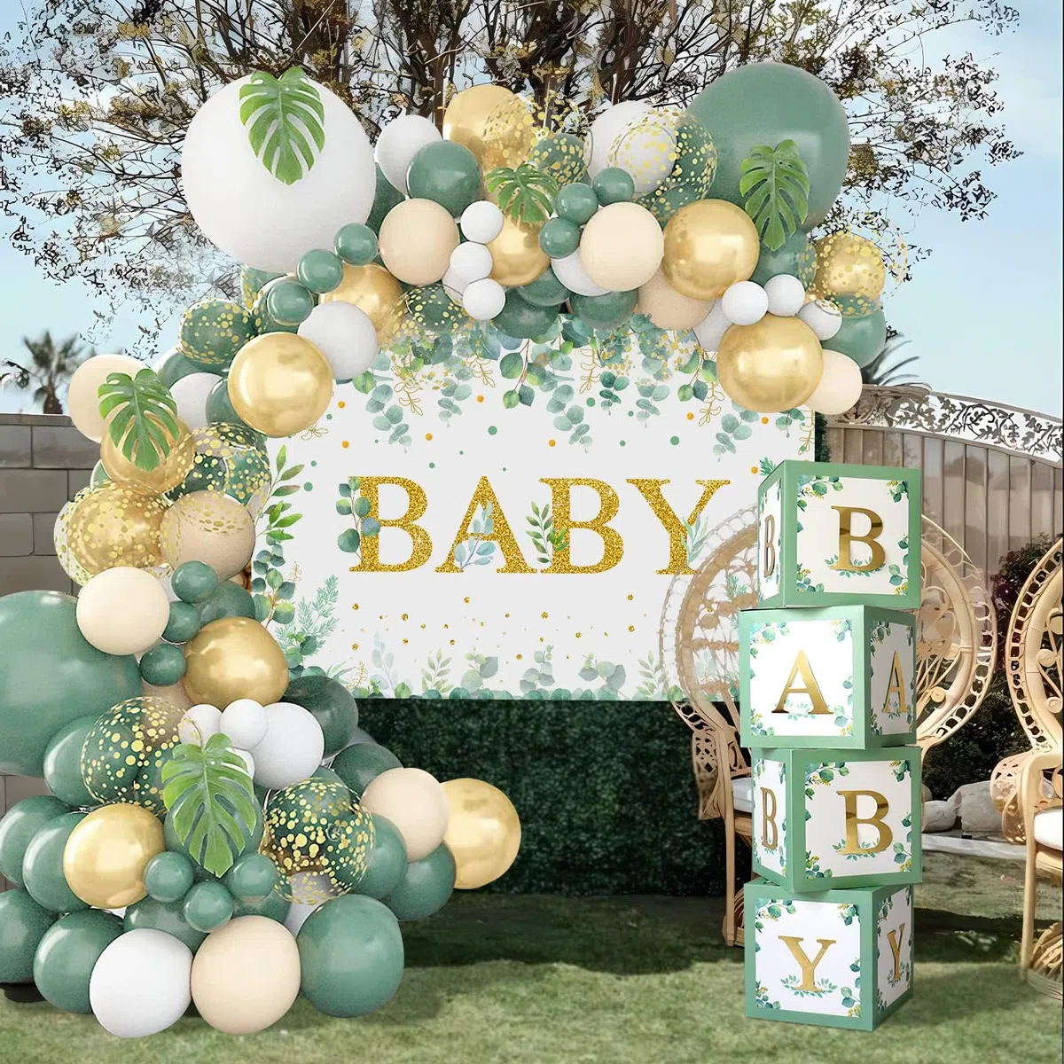 125pcs Decoración Baby Shower Verde Salvia, Cajas Bebé Verde Salvia con Globos Oro Verde y Telón de Fondo de Bebé Verde para Baby Shower Niño y Niña, Fiesta Safari Cumpleaños, Revelación de Género