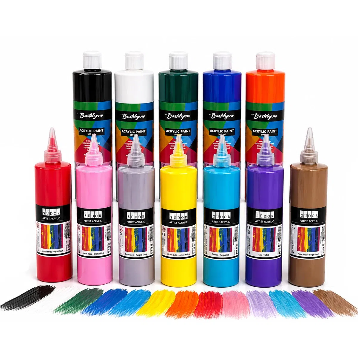 SÜDOR Juego de 12 pinturas acrílicas de 500 ml. Colores base altamente pigmentados. Pinturas opacas para madera, piedra, lienzo, papel, tela, cuero, metal. pinturas para todo uso