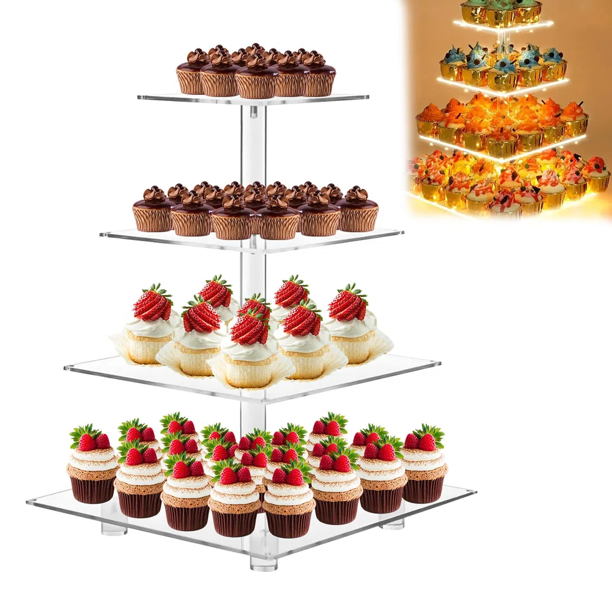 Soporte Para Tartas, 4 Nivele Soporte Cupcakes AcríLico Soporte Para Magdalenas Transparente Cake Stand Led Soporte Para Tartas Para DecoracióN De Fiestas En Barra De CumpleañOs