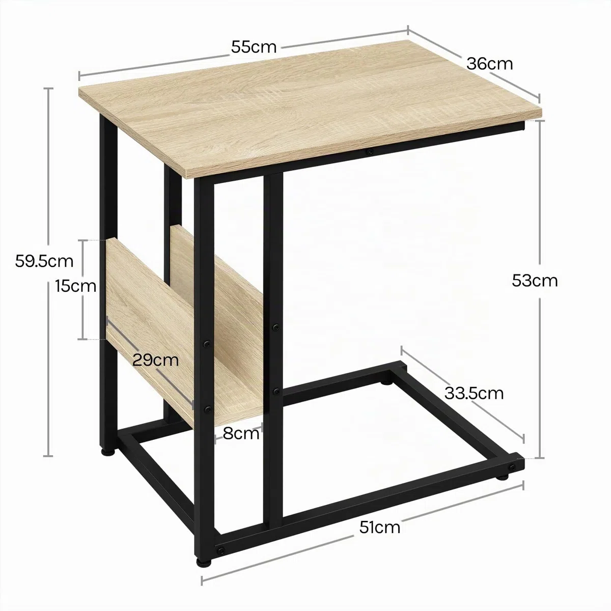 WOLTU Mesa Auxiliar de Centro Mesita de Noche Portátil, Marco de Metal y Madera, Roble 55x36x59,5cm(BxTxH) TS79hei