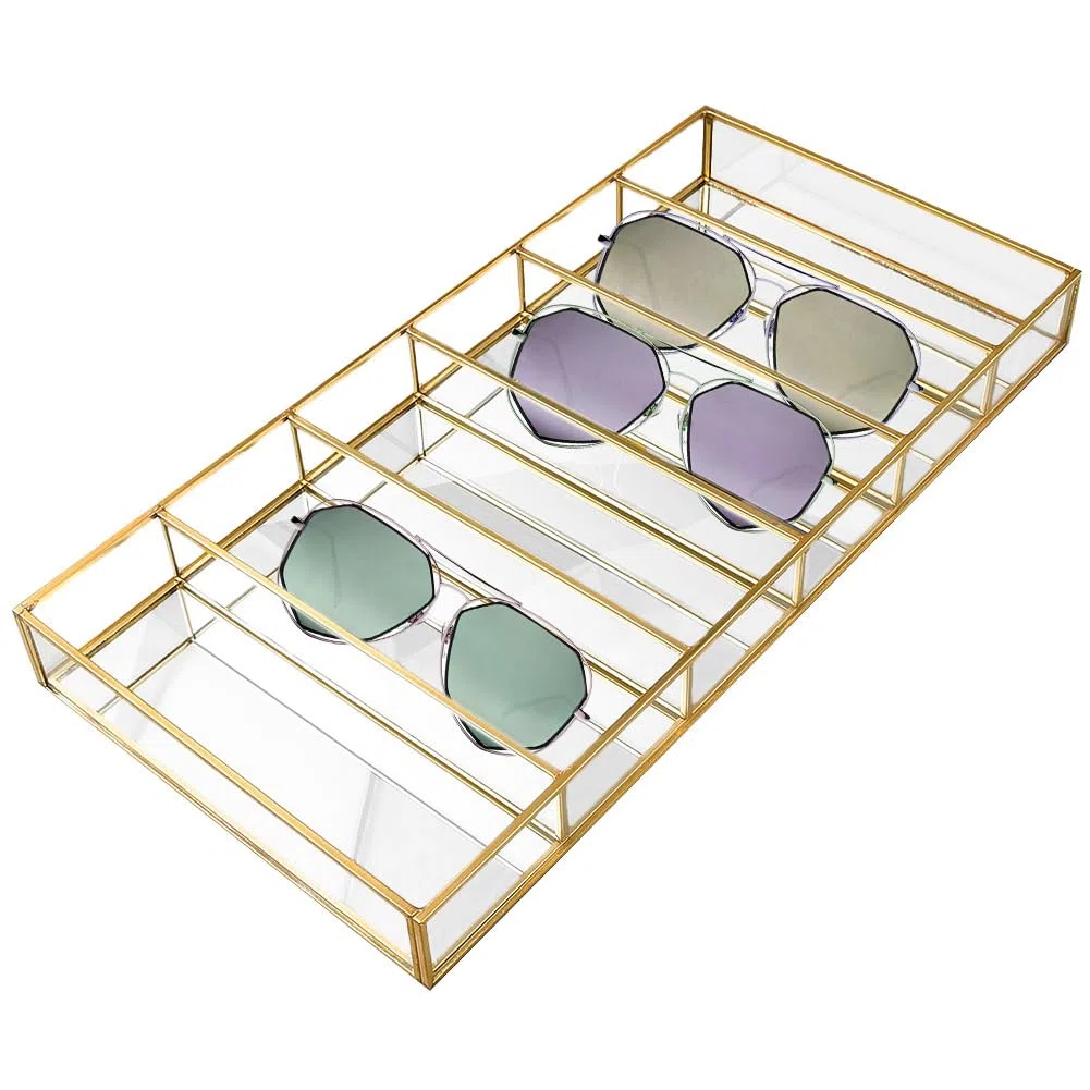 UNICRAFTALE Vitrina de almacenamiento de gafas, 6 rejillas, rectangular, de cristal, organizador de gafas de sol, soporte dorado múltiple para guardar gafas, joyas, relojes, bandeja de presentación