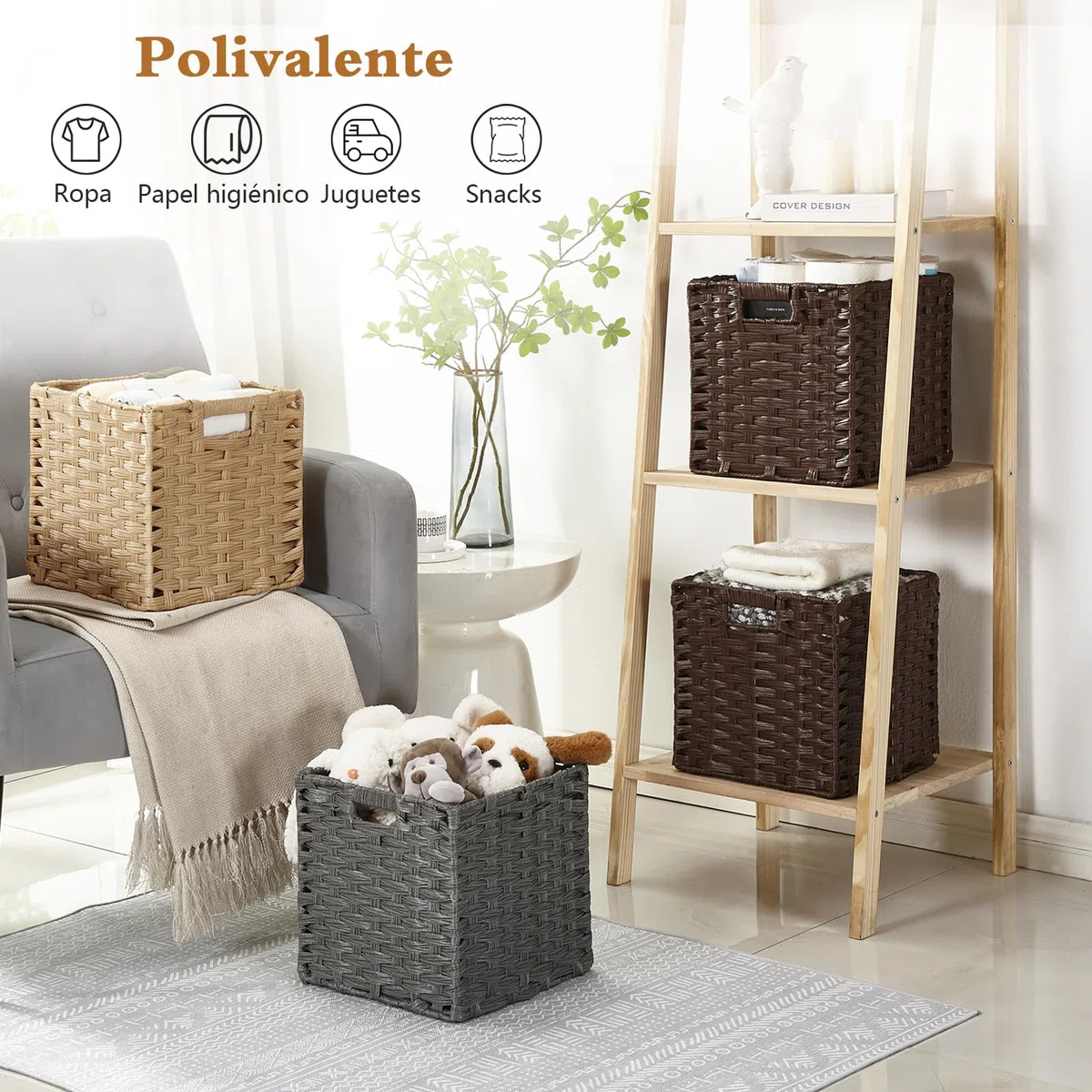 Sagittar Cesta plegable trenzada de imitación de ratán, 31 x 31 x 31 cm, cesta de almacenamiento para despensa, armario, cesta de estantería, cubos, impermeable, no se mohosa, 2 unidades, color