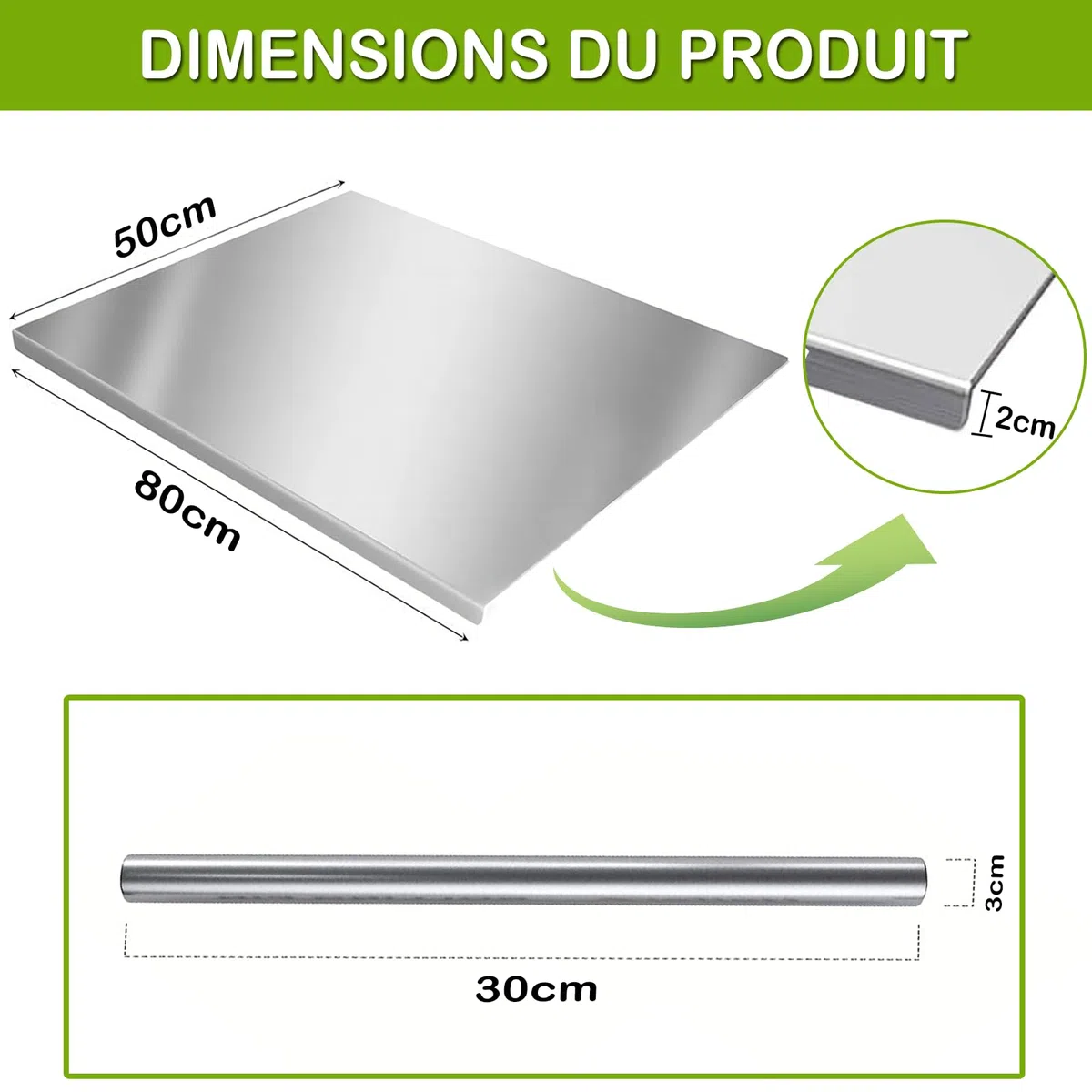 uyoyous Tabla de cortar de acero inoxidable, 80 x 50 cm, gran protección de encimera, con labio y rodillo, para amasar pan, carne, frutas, verduras, efectividad en cualquier cocina
