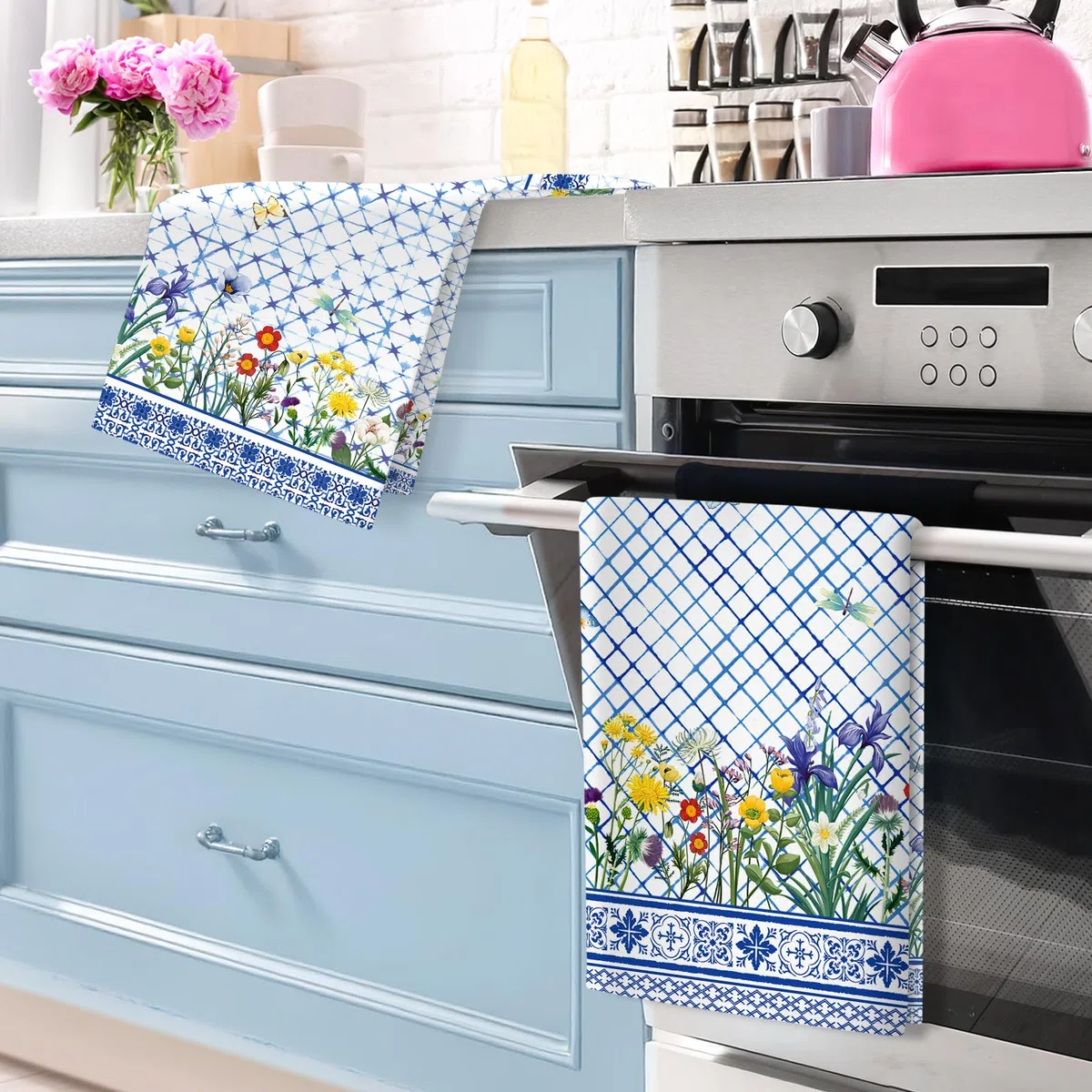 Toalla de cocina retro de flores silvestres, 100 % algodón, secado rápido, 48 x 70 cm, toallas de mano para regalos de inauguración de la casa, comedor, hogar, boda, banquete, bufé (juego de 4