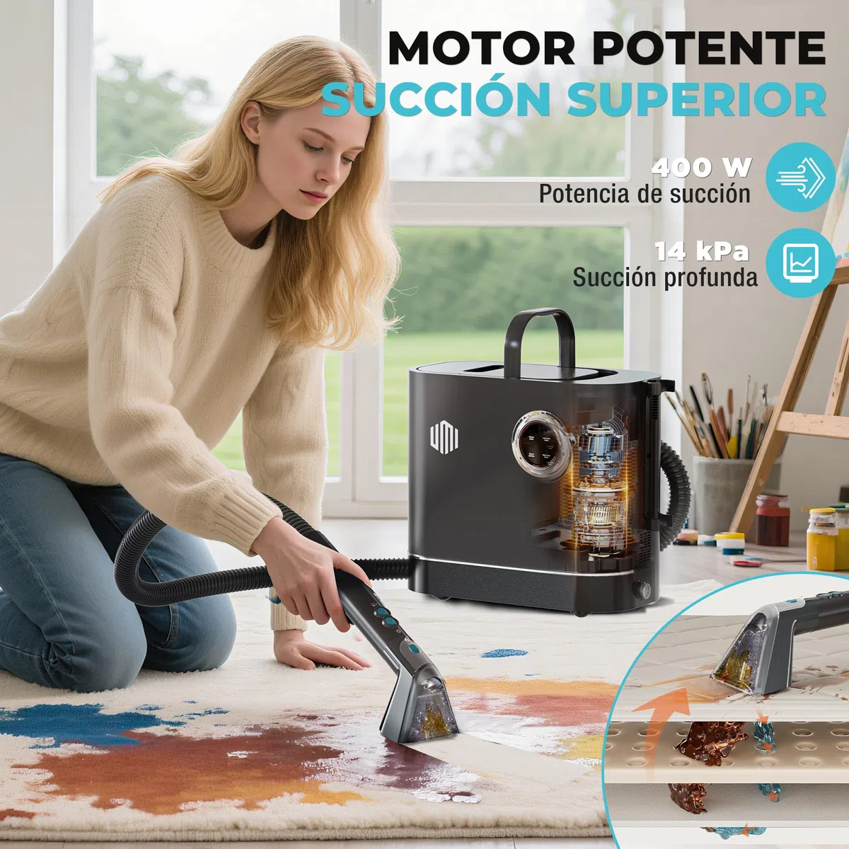 UMI Limpiador a Vapor y Aspiradora de Tapicerías, Limpieza Profunda | con 4 Modos, Calefacción 1200W, con Detergente y Cepillos, Para Sofás Colchones Alfombras, Depósitos 1,2L y 1,1L