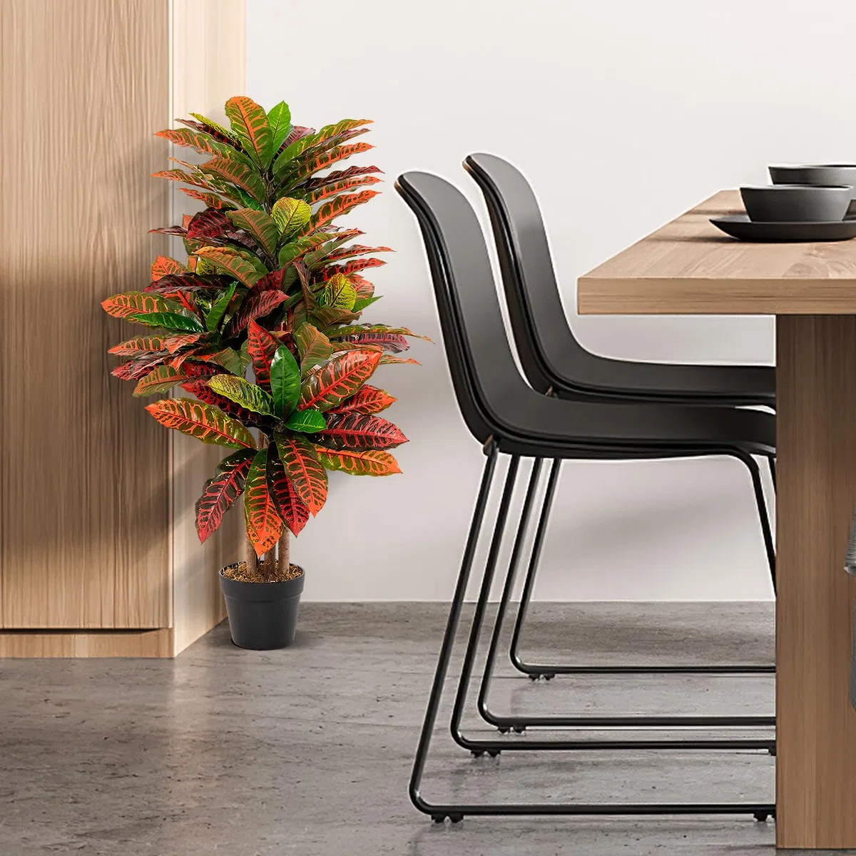 RELAX4LIFE Planta Artificial Decorativas 100 cm, Planta Artificial de Crotono con 71 Hojas Grandes, Tronco de Madera y Maceta, Planta Artificial para Salón, Oficina y Hogar, Ø67x100cm (Verde+Rojo)