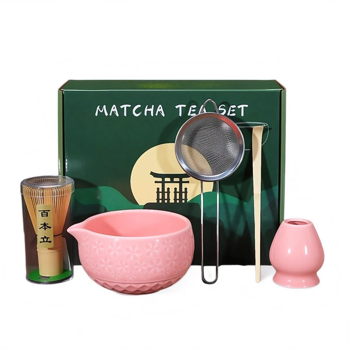 Matcha Kit 5 Pack Matcha Set Completo Batidor de Bambú Cuchara de Té Porta Chasen Cuenco de Matcha de Cerámica Utensilios te Matcha Kit Japones Accesorios Juego de té Matcha para Ceremonia (Rosa)