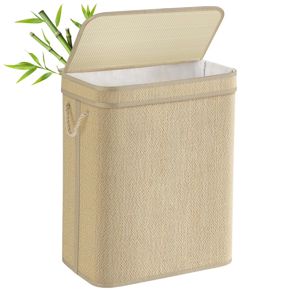 SONGMICS Cesto de Ropa Sucia, Cesta de Colada de Bambú, 90 L, Bolsa de Ropa Extraíble y Lavable a Máquina, con Tapa, Asas, para Lavadero, Dormitorio, Salón, Natural LCB067Y01