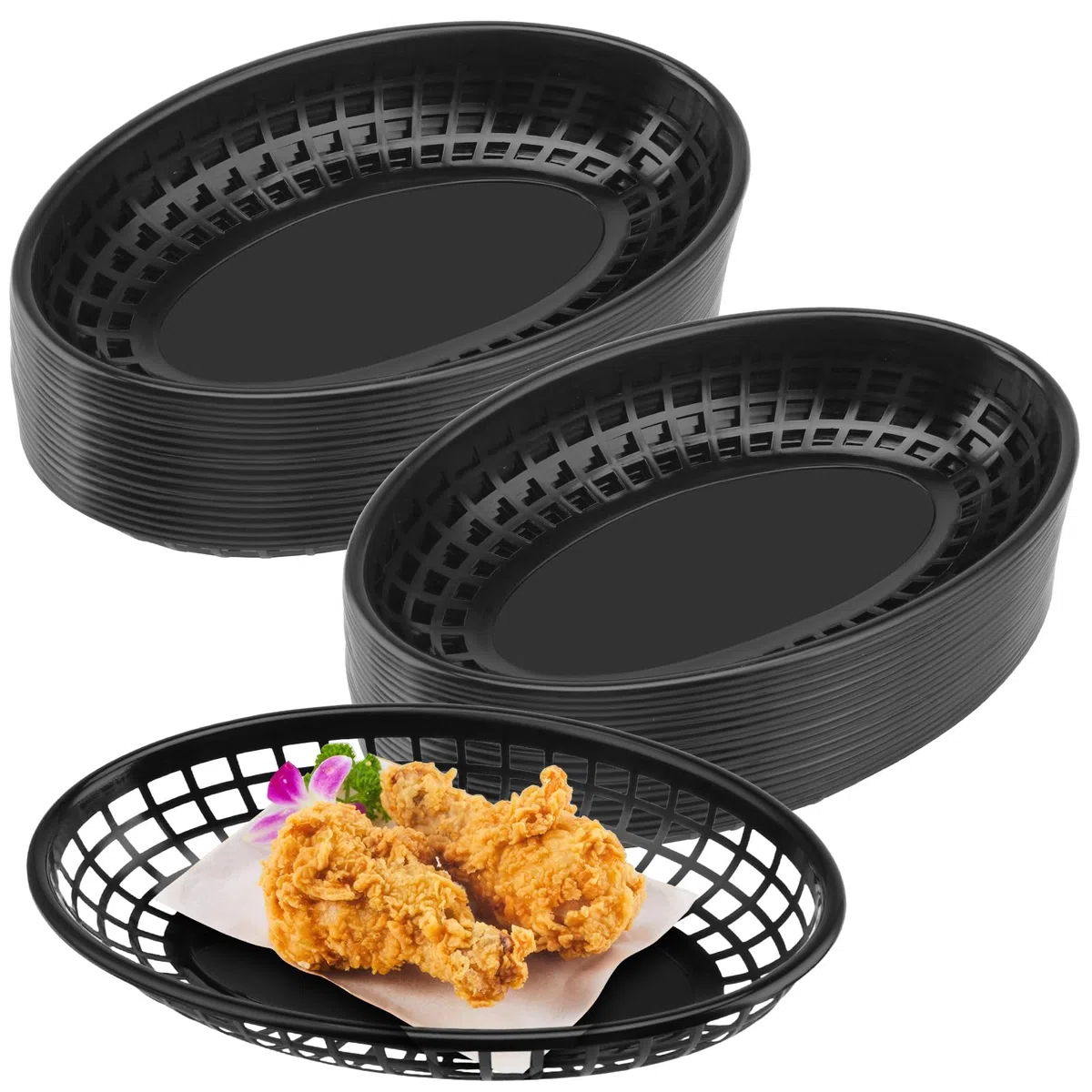 JAPCHET 50 cestas ovaladas de plástico reutilizables para comida rápida - Para servir hamburguesas, sándwiches, papas fritas - Ideales para picnics, barbacoas, fiestas - Negro, 24 x 15,5 x 4,7 cm