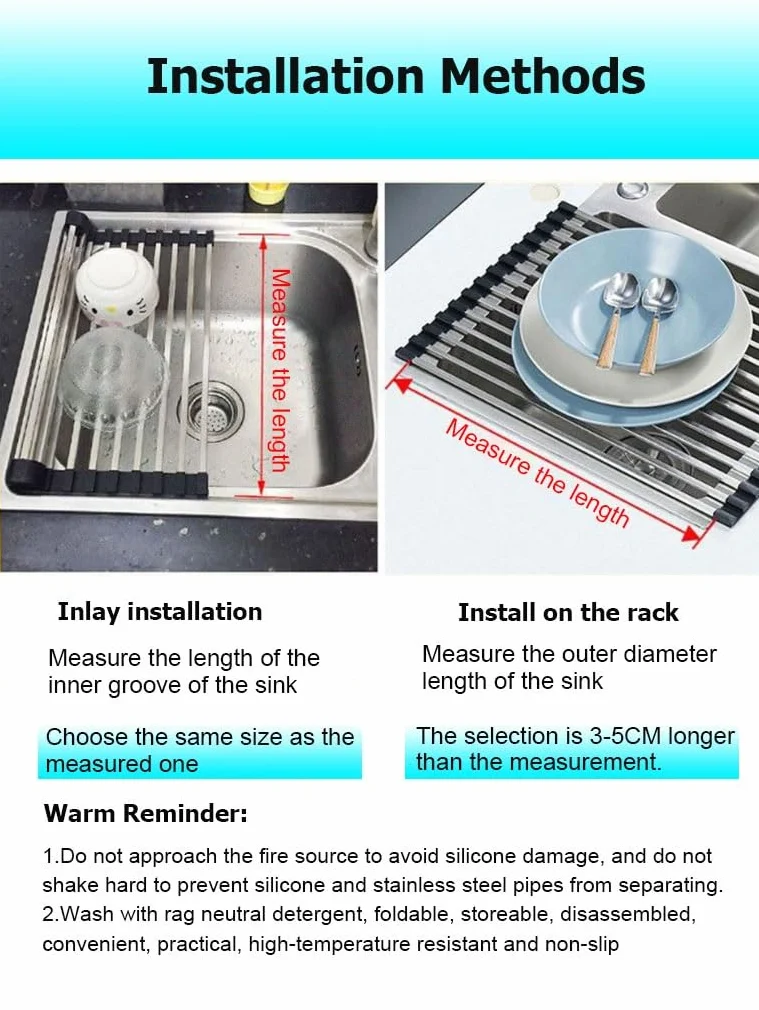 Escurridor de platos enrollable para colocar sobre el fregadero, ideal para la encimera de la cocina. Alfombrilla plegable para escurrir platos sobre el fregadero. Escurridor plegable de acero inoxid
