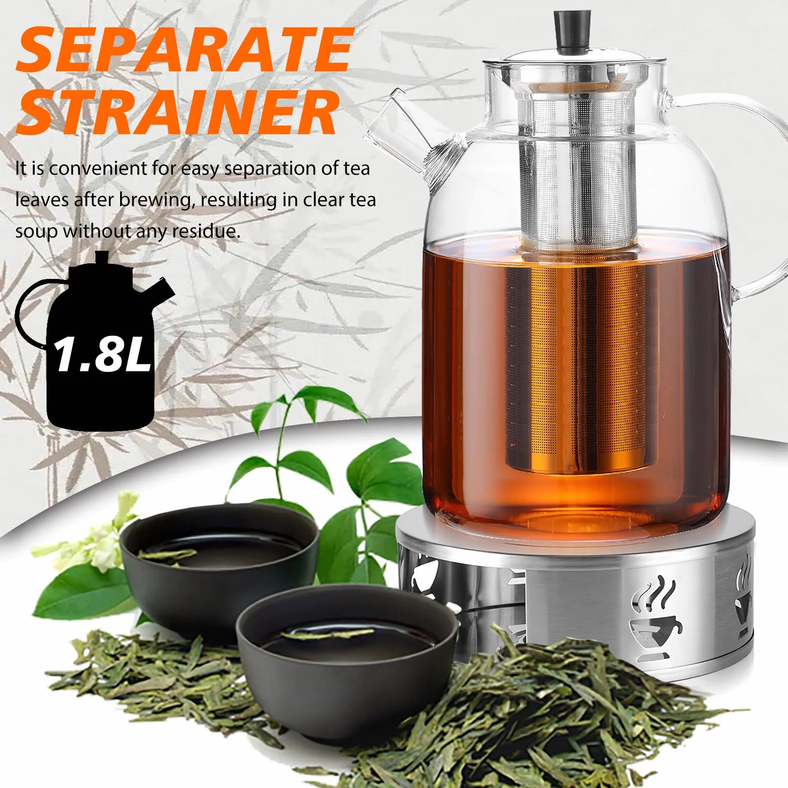 Tetera de vidrio con calentador, 1,8 L, tetera de vidrio con colador, infusor de té con colador y calentador, mantiene el calor durante mucho tiempo, acero inoxidable, para