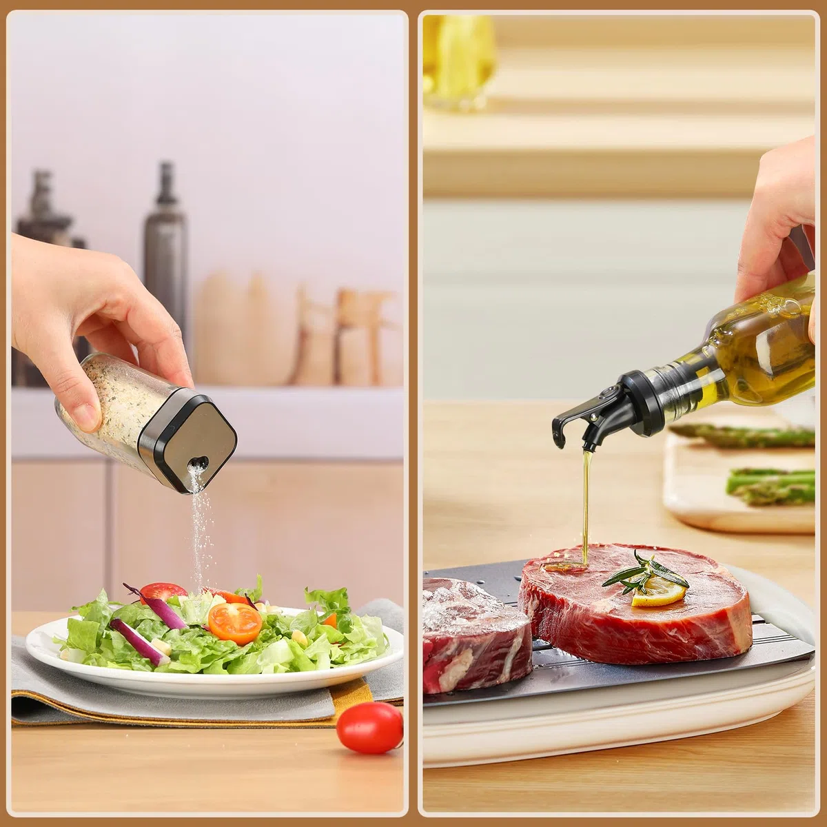 FRIBERG Set De Aceite Y Vinagre, Set De Sal Y Pimienta, Vinagreras Y Aceiteras De Mesa Con Soporte，2 Botellas De Aceitera Y Vinagre De 200 Ml, 2 Tarros De Condimento De 120 Ml Con Tapas