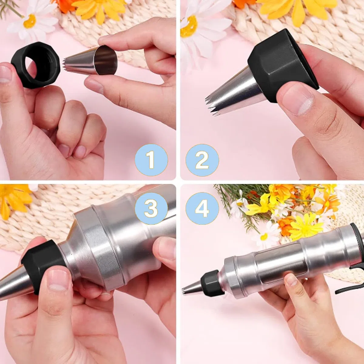 Jeringa profesional de acero inoxidable HAPPOW con 6 boquillas y manga pastelera reutilizable, ideal para cupcakes y pasteles