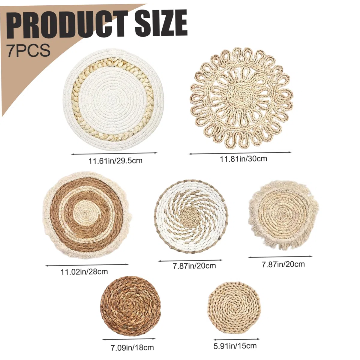 Decoración de la cesta de pared tejida colgante, cestas de pared boho 7pcs/set de diferente tamaño y estilo decoración de canasta boho tejido y arte decorativo redondo para sala de estar, dormitorio