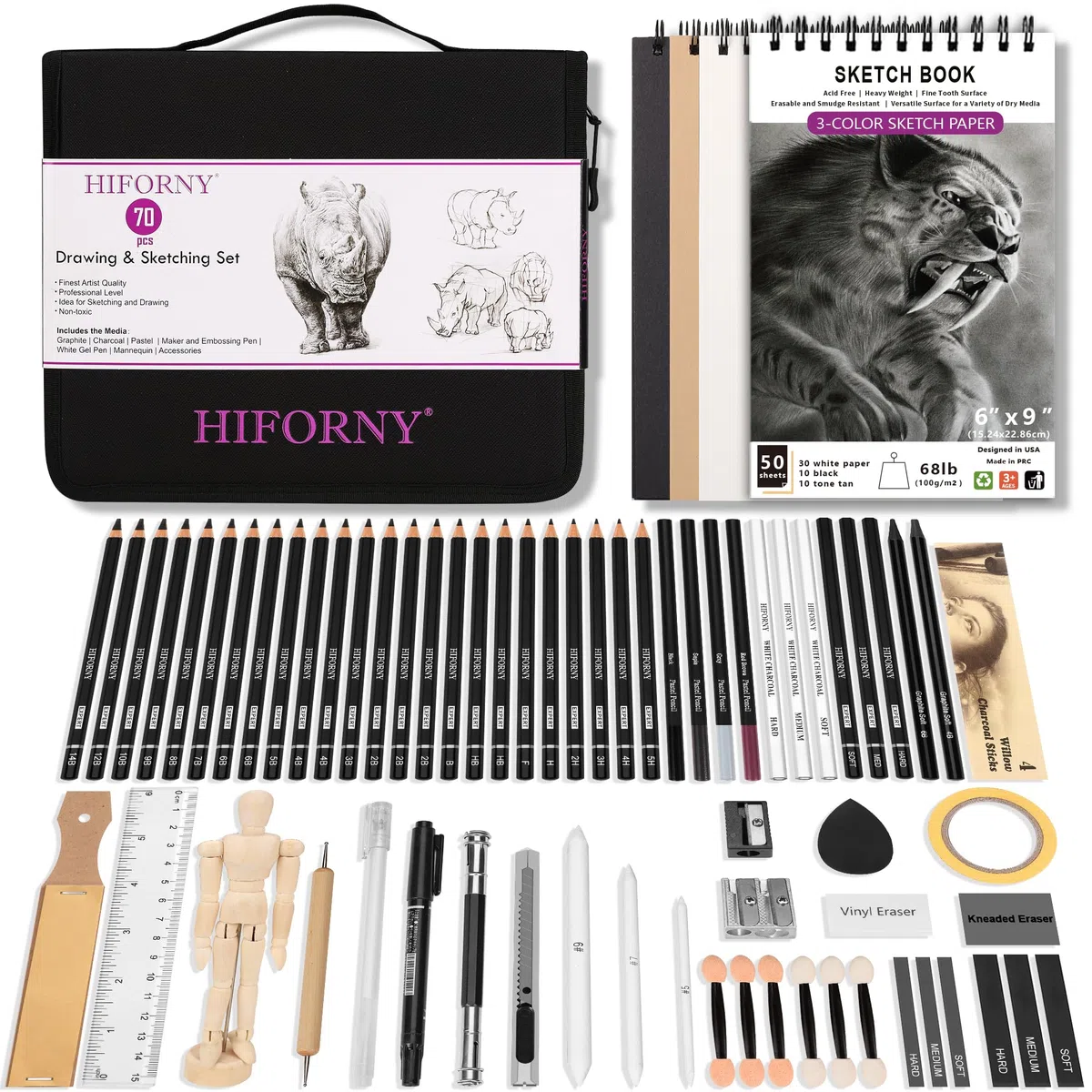 HIFORNY Juego de 70 piezas de dibujo, lápices de dibujo, suministros de arte para adultos, artistas, niños, con libro de bocetos de 3 colores, grafito, pastel, carboncillo