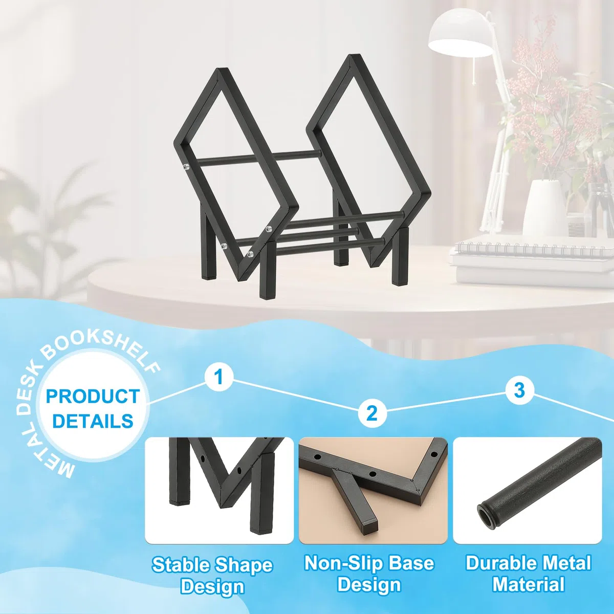 PATIKIL 11.8" Estante De Mesa, Estante De Escritorio Pequeño Estante De Libros De Acero Inoxidable Organizador De Almacenamiento De Libros para Escritorio Libros Soporte, Negro