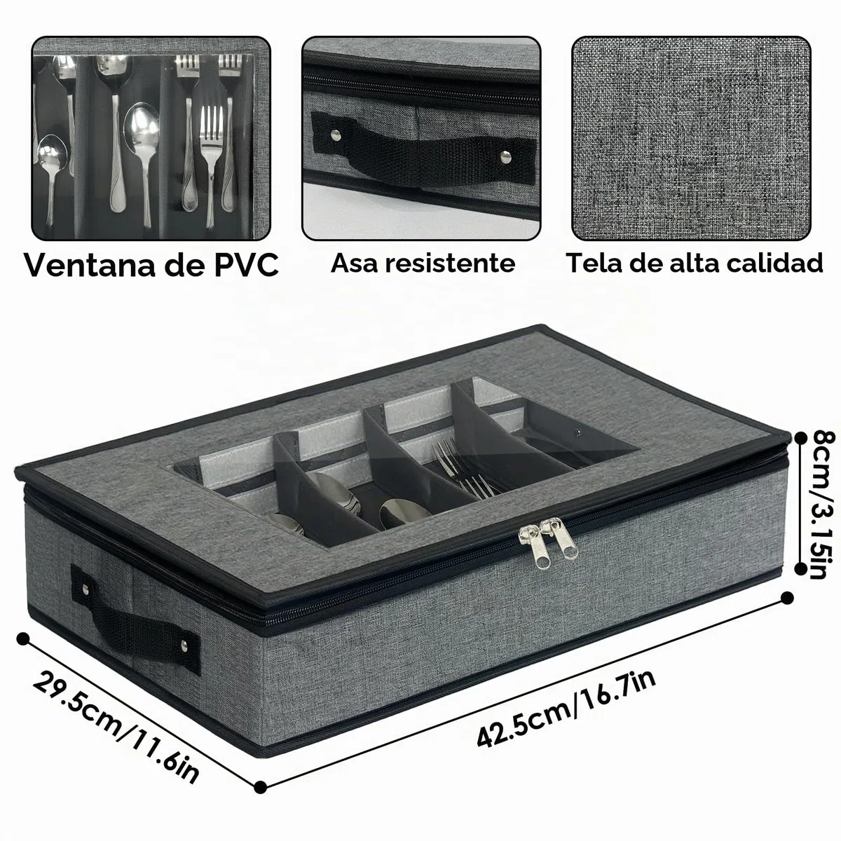 Organizador Cubiertos, Cubertero con Divisores Ajustables, Bandeja Cubiertos con Tapa Para Guardar Cuchillos, Tenedores y Cucharas, Adecuado Para Cocinas de Camping, Vacaciones y Viajes