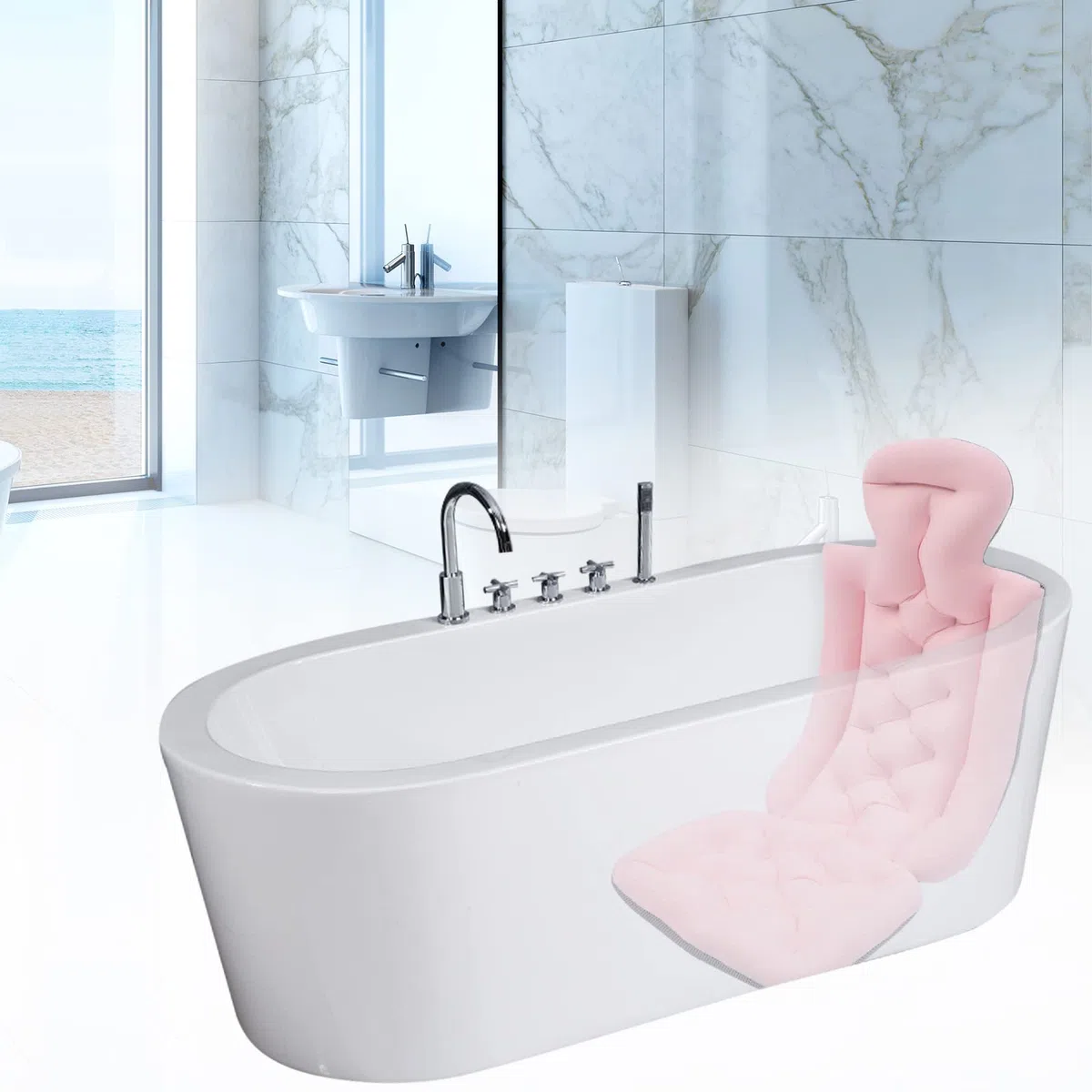 Almohada de baño de cuerpo completo, soporte para la espalda, transpirable, extraíble, lavable, accesorio de bañera para adultos, evita el deslizamiento, cojín para bañera con fuertes ventosas para
